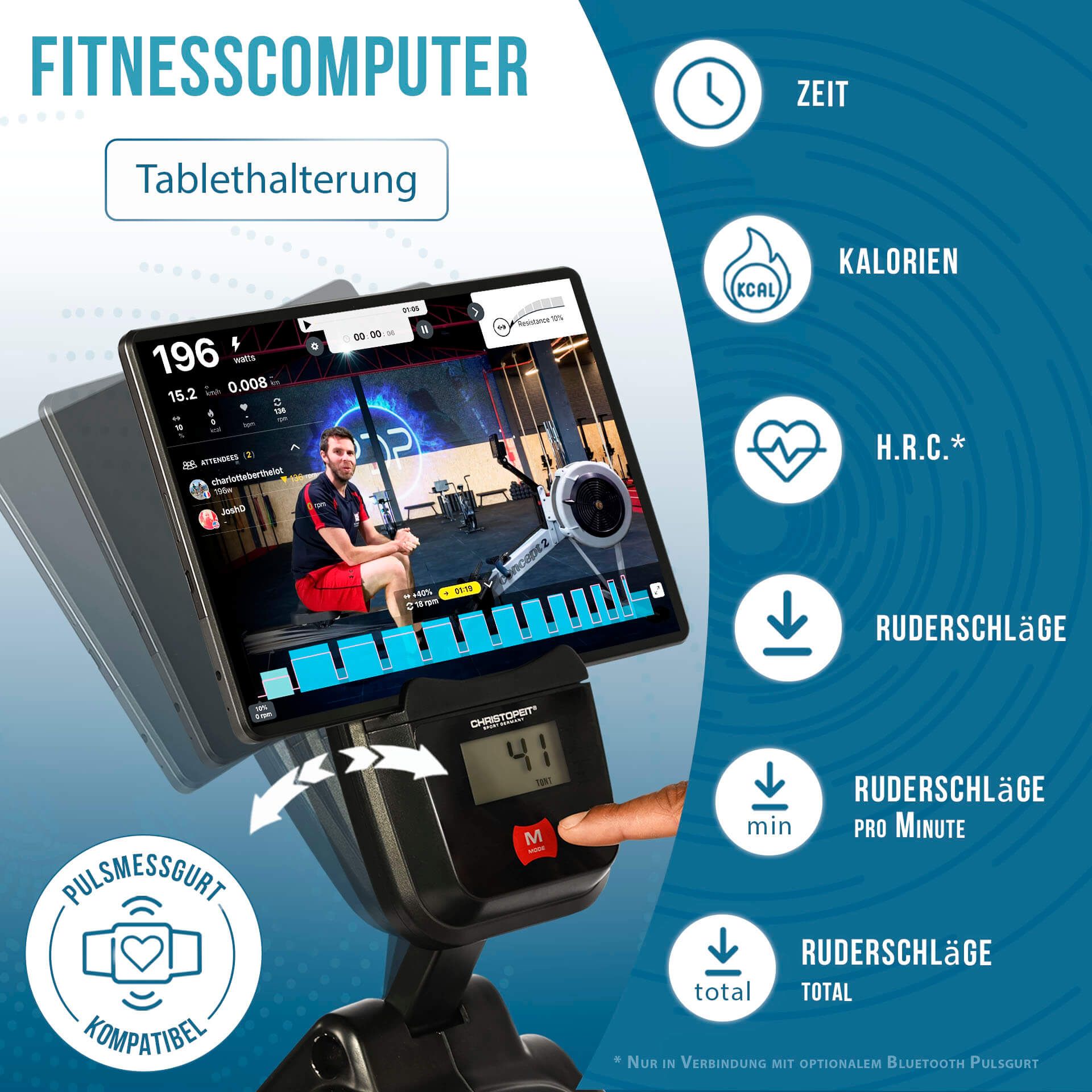 Fitnesscomputer mit Tablet-Halterung. Anzeige von Zeit, Kalorien, H.R.C., Ruderschlägen, Ruderschlägen pro Minute, Ruderschlägen total.