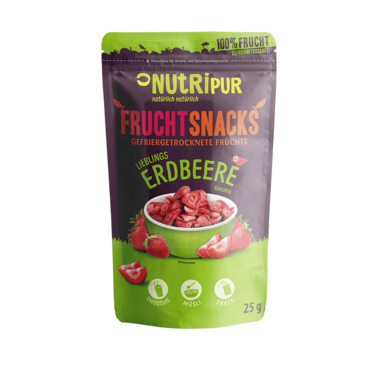Beutel mit gefriergetrockneten Erdbeeren. Aufschrift: NutriPur, Fruchtsnacks, Erdbeere. 100% Frucht. 25g.
