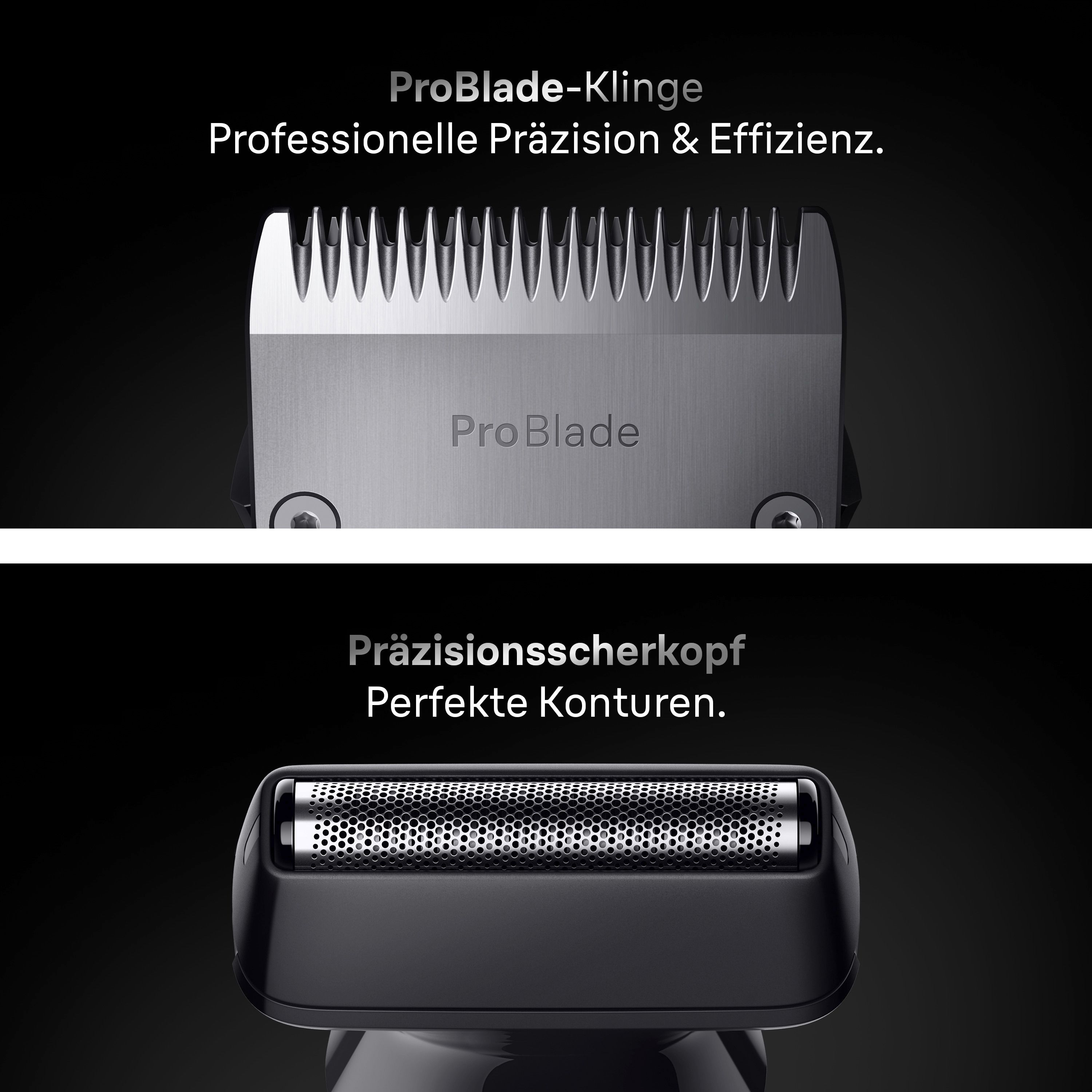 Nahaufnahmen von Rasiereraufsätzen. ProBlade-Klinge, Präzisionsscherkopf. Schwarzer Hintergrund.