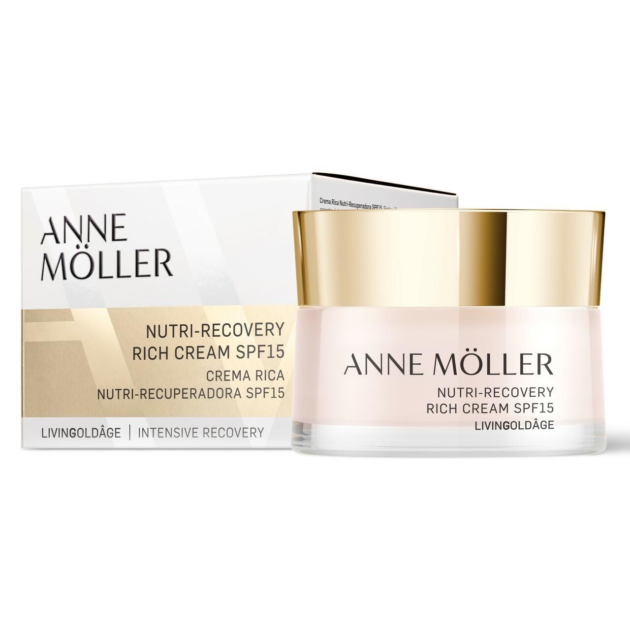Creme-Glas und Verpackung. Aufschrift: ANNE MÖLLER, Nutri-Recovery Rich Cream SPF15, Livingoldâge. Verpackung mit Text.