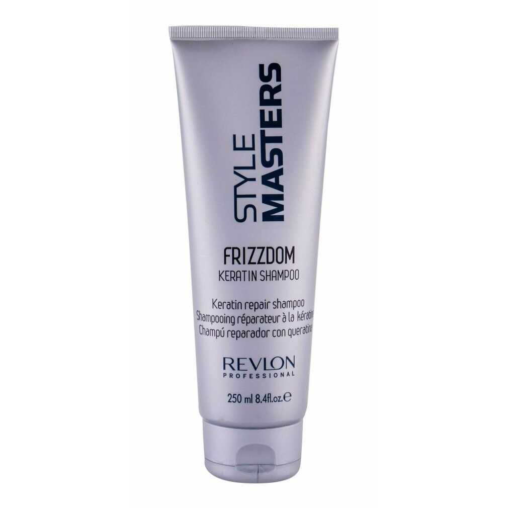 Silberne Tube mit "STYLE MASTERS FRIZZDOM KERATIN SHAMPOO". Text in Englisch, Spanisch und Französisch. Marke: Revlon Professional.
