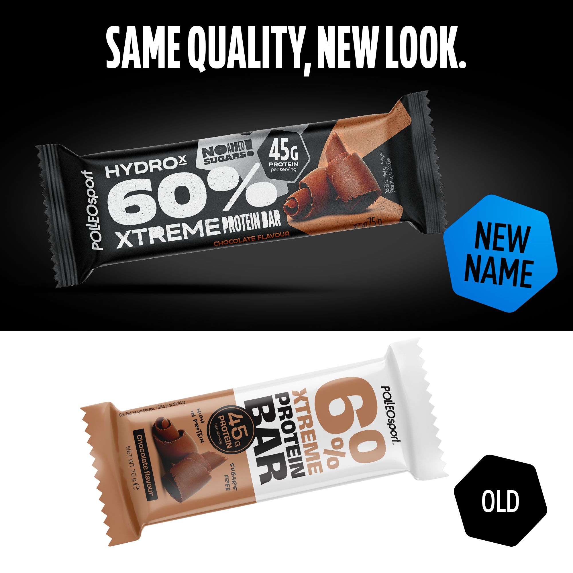 Zwei Proteinriegel, einer schwarz, einer weiß. Beide mit 60% Protein, Schokoladengeschmack. Produktbezeichnung und Logo. Enthält 45g Protein. Zuckerfrei.