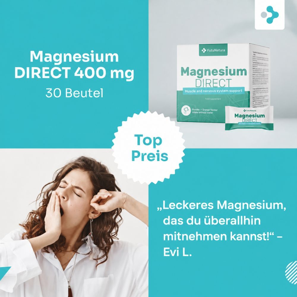 Frau gähnt, hält FutuNatura Magnesium DIRECT 400 mg Box. Text: "Leckeres Magnesium, das du überallhin mitnehmen kannst!"