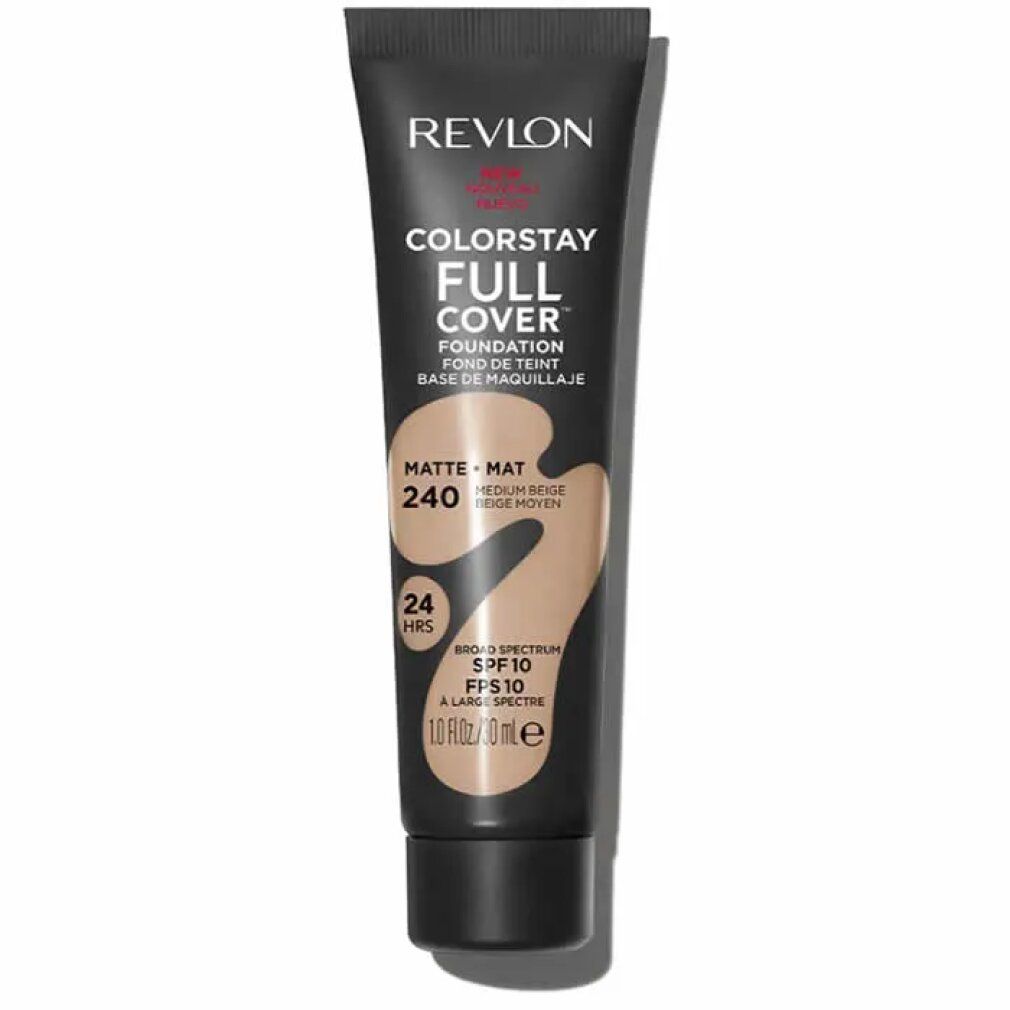Revlon Colorstay Full Cover Foundation, Tube, Farbton 240 Medium Beige. Schwarze Tube mit Produktinformationen und Farbabbildung.