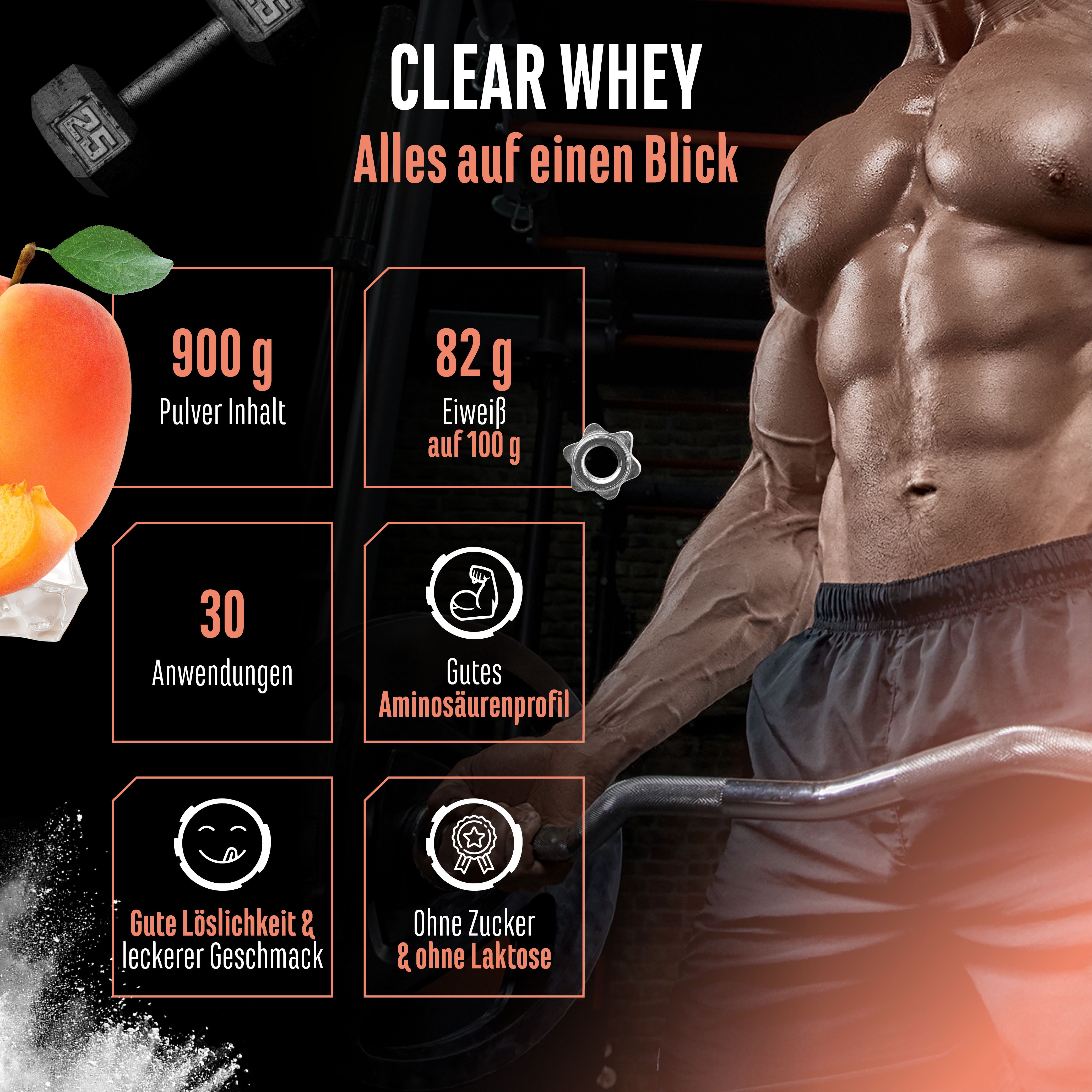 Werbebild für Clear Whey Protein. Text: 900g Pulver, 82g Eiweiß, 30 Anwendungen, gutes Aminosäurenprofil, gute Löslichkeit, ohne Zucker und Laktose. Abbildung von Aprikosen.