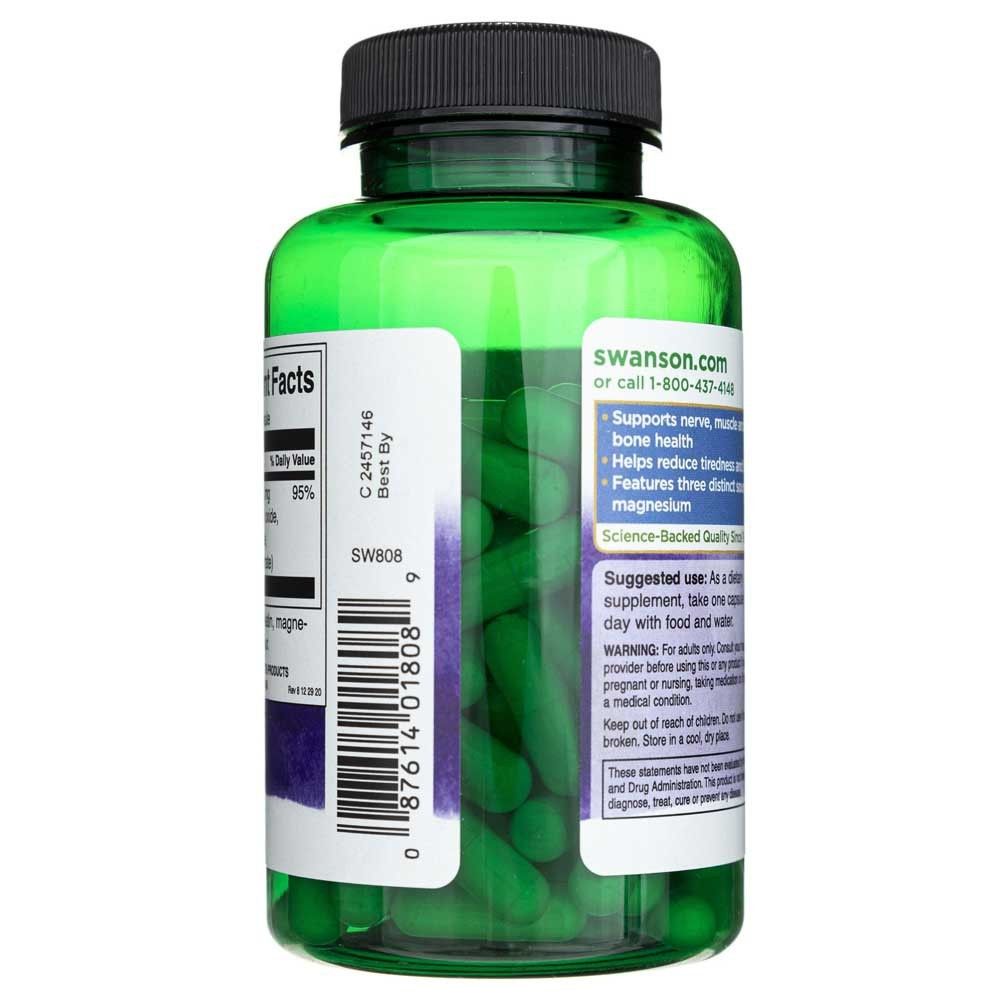 Rückseite einer Flasche Swanson Dreifach-Magnesium-Komplex 400 mg mit Produktvorteilen und Anwendungshinweisen.