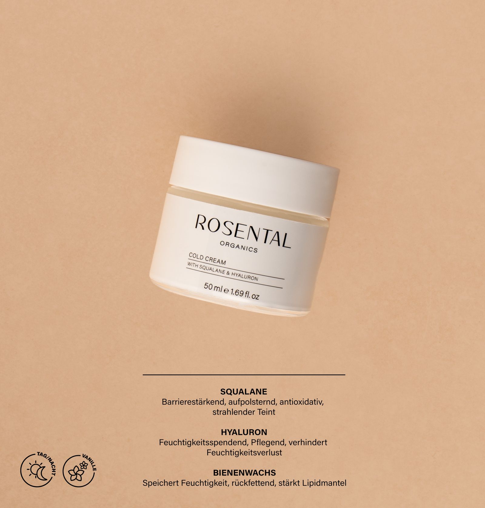 Weißer Tiegel mit Rosental Organics Cold Cream. Aufschrift: Cold Cream, Squalane & Hyaluron. 50 ml. Text über Inhaltsstoffe.