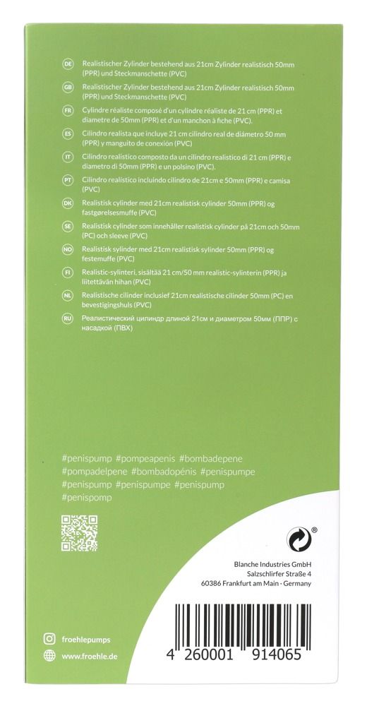 Rückseite der Produktverpackung. Text in mehreren Sprachen. Herstelleradresse und Barcode.