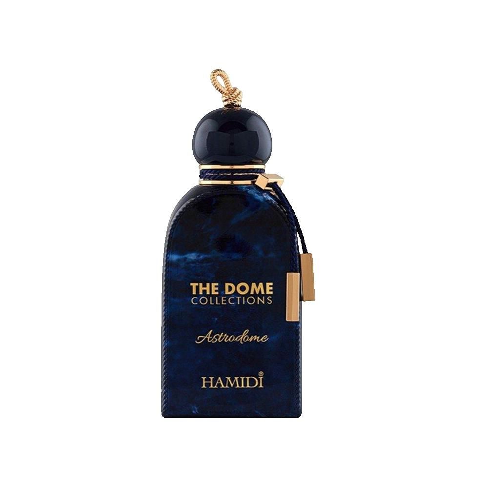 Dunkelblaue Parfumflasche mit goldfarbenen Details. Aufschrift: THE DOME COLLECTIONS, Astrodome, HAMIDI.