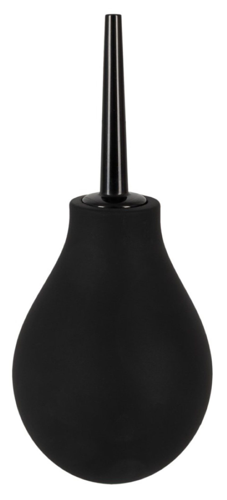Schwarze Analdusche mit konischem Aufsatz. Birnenförmiger Körper, glatte Oberfläche. Aufsatz aus Kunststoff.