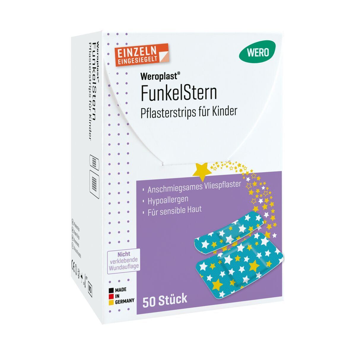 Verpackung WERO FunkelStern Pflasterstrips für Kinder, 50 Stück, mit Sternenmuster.