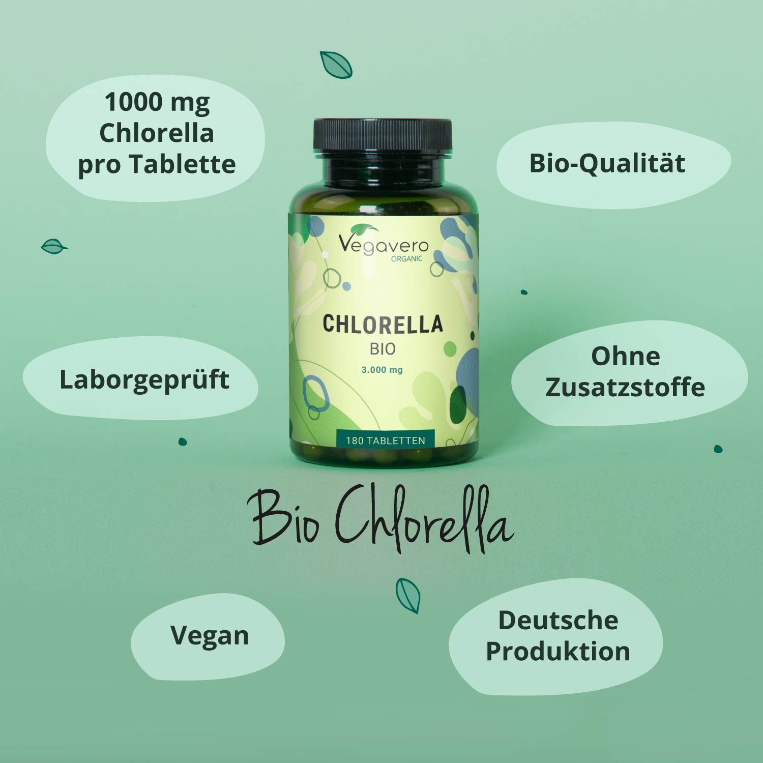 Flasche Chlorella BIO, 180 Tabletten, umgeben von Text. Enthält: Bio-Qualität, ohne Zusatzstoffe, vegan, deutsche Produktion.