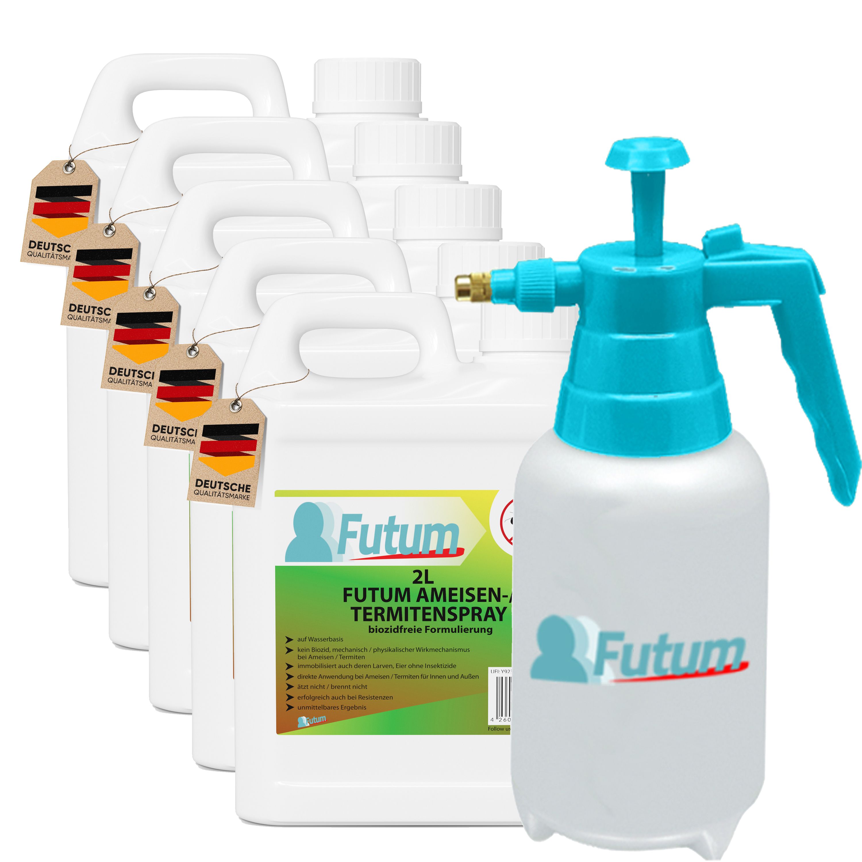 Mehrere weiße Kanister und ein Sprüher. Auf den Kanistern sind Etiketten mit dem Logo "Deutsche Qualitätsmarke" angebracht. Auf einem Kanister ist "Futum" und "2L Ameisen-/Termitenspray" zu lesen.