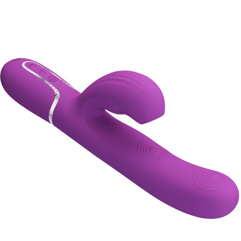 Lila Kaninchen-Vibrator, schräg von der Seite mit Rillen und zwei Stimulatoren.
