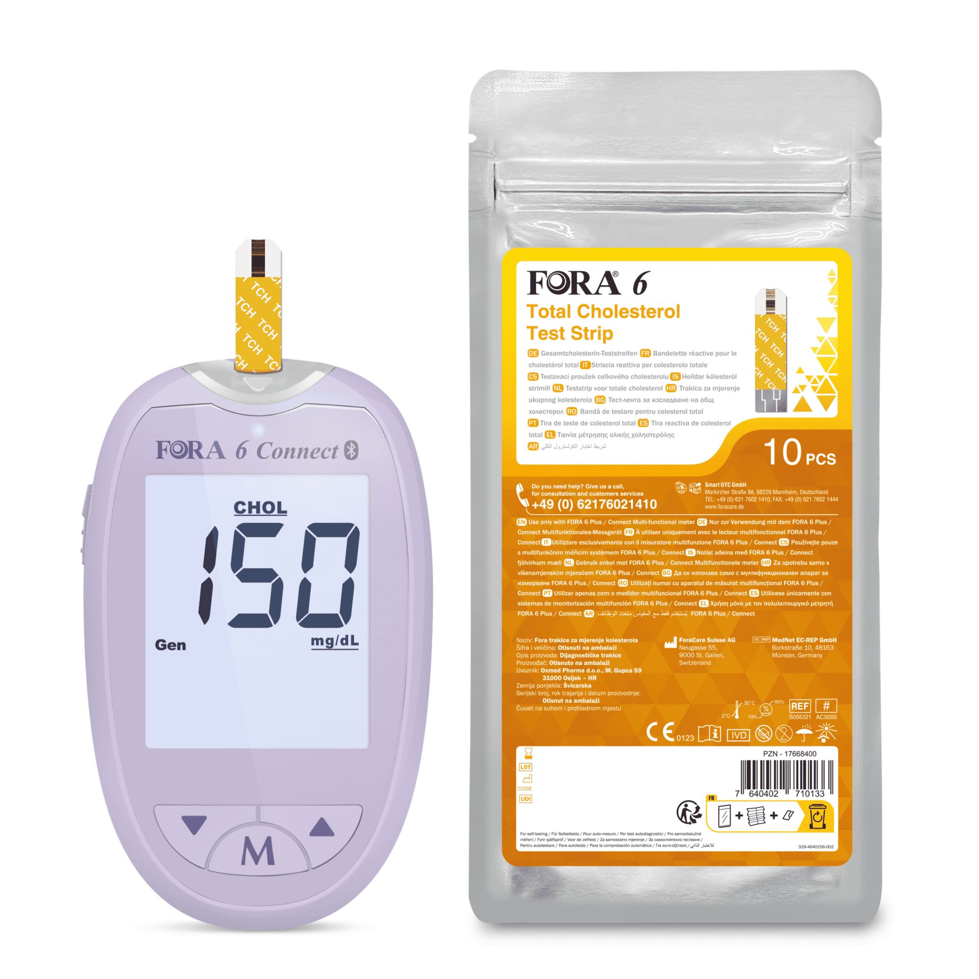Lila Cholesterinmessgerät mit Teststreifenpackung. Zeigt 150 mg/dL an.