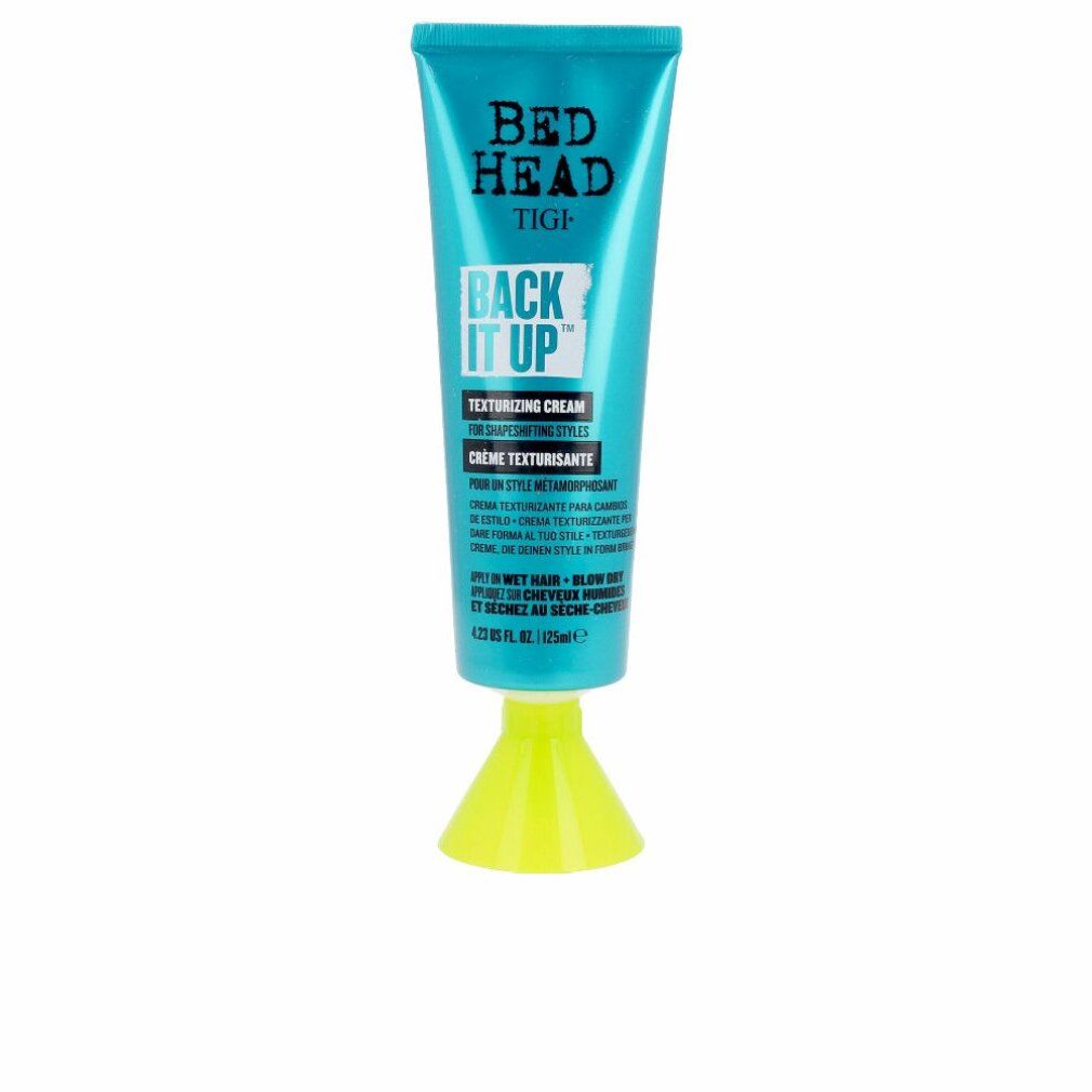 Türkisfarbene Tube mit gelbem Fuß. Aufschrift: Bed Head, TIGI, Back It Up Texturizing Cream. 125ml.