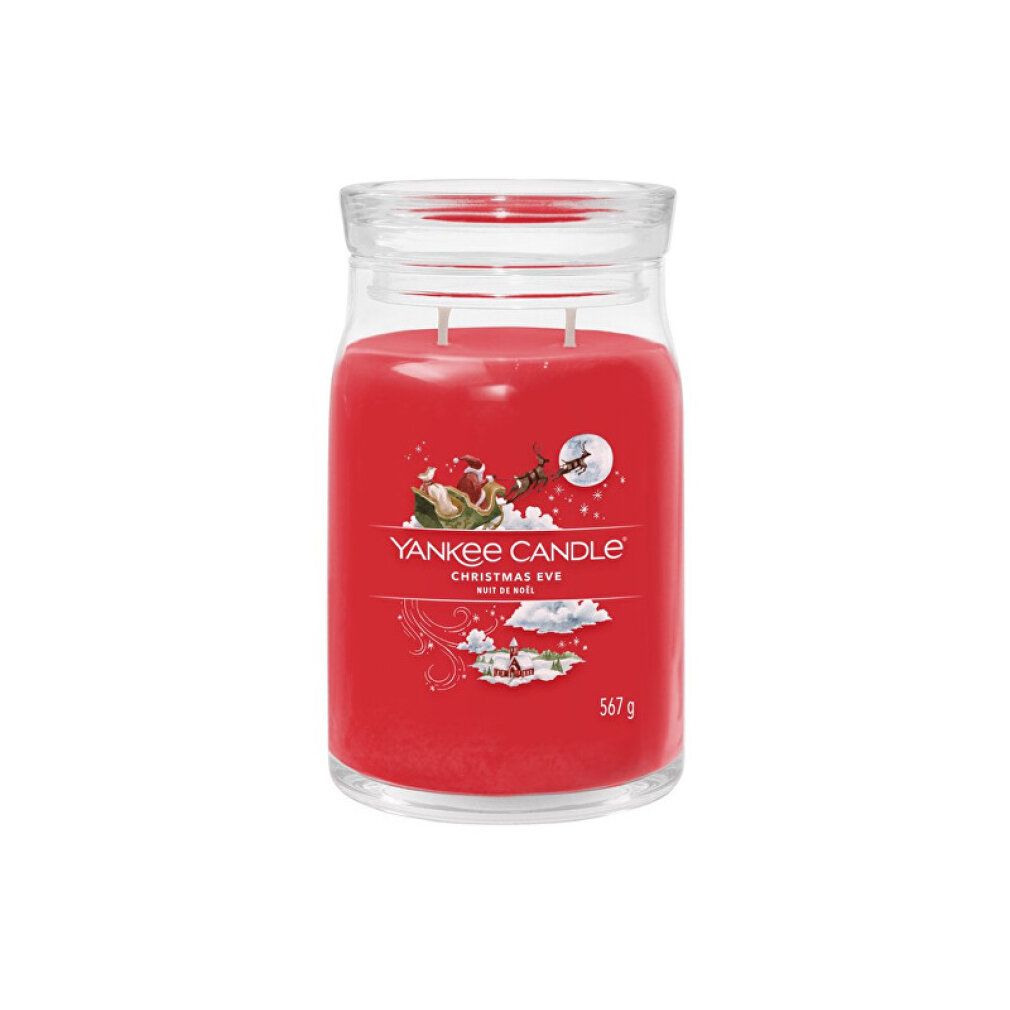 Rote Yankee Candle Signatur Kerze mit Deckel. Aufschrift: Christmas Eve. 567g. Weihnachtsmotive.