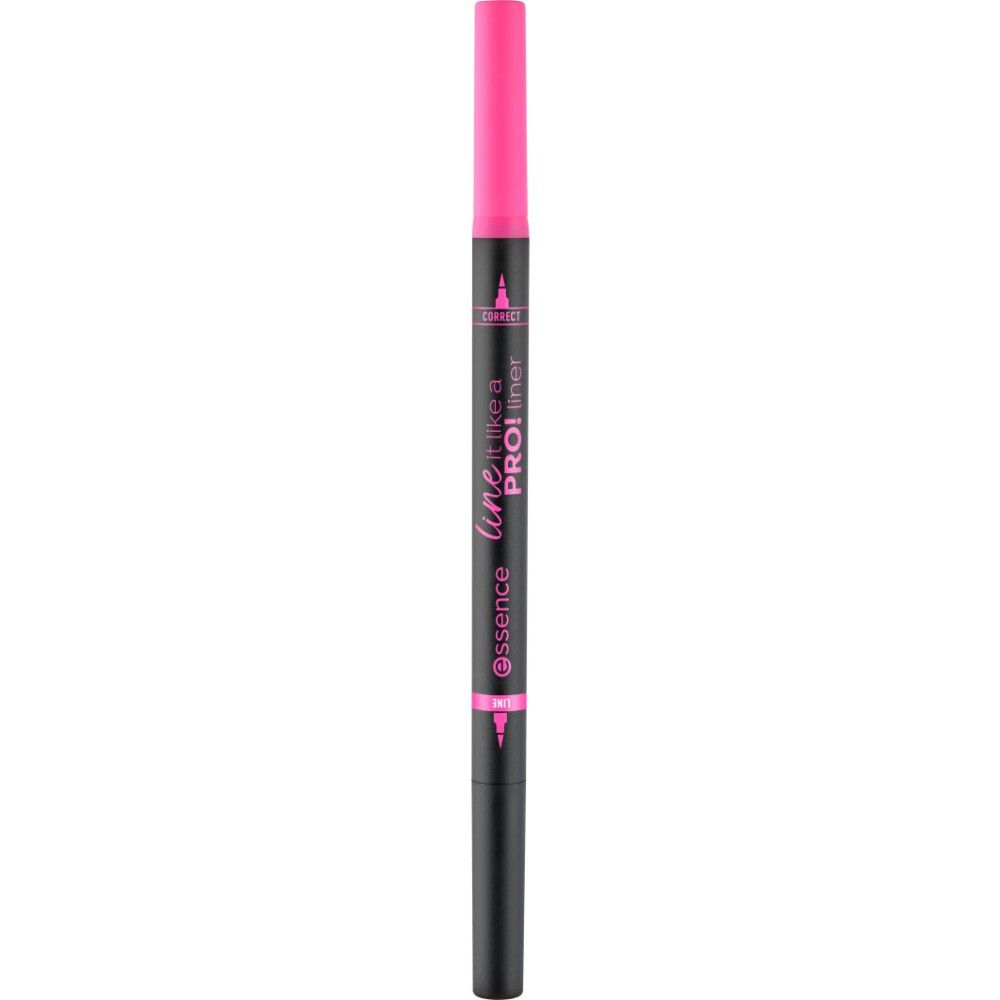Eyeliner mit schwarzer Spitze und pinkfarbenem Griff. Text: line like a PRO! essence.