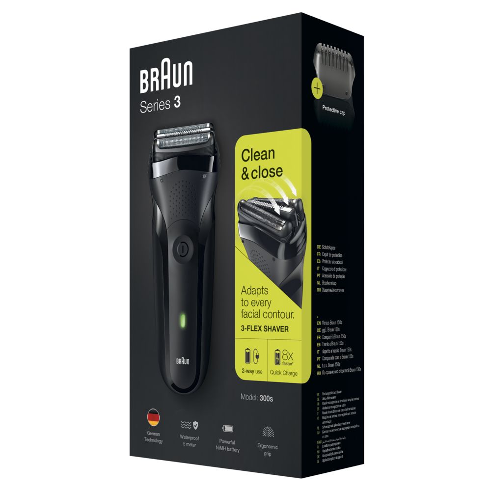 Verpackung des Braun Series 3 Elektrorasierers 300S mit Zubehör.