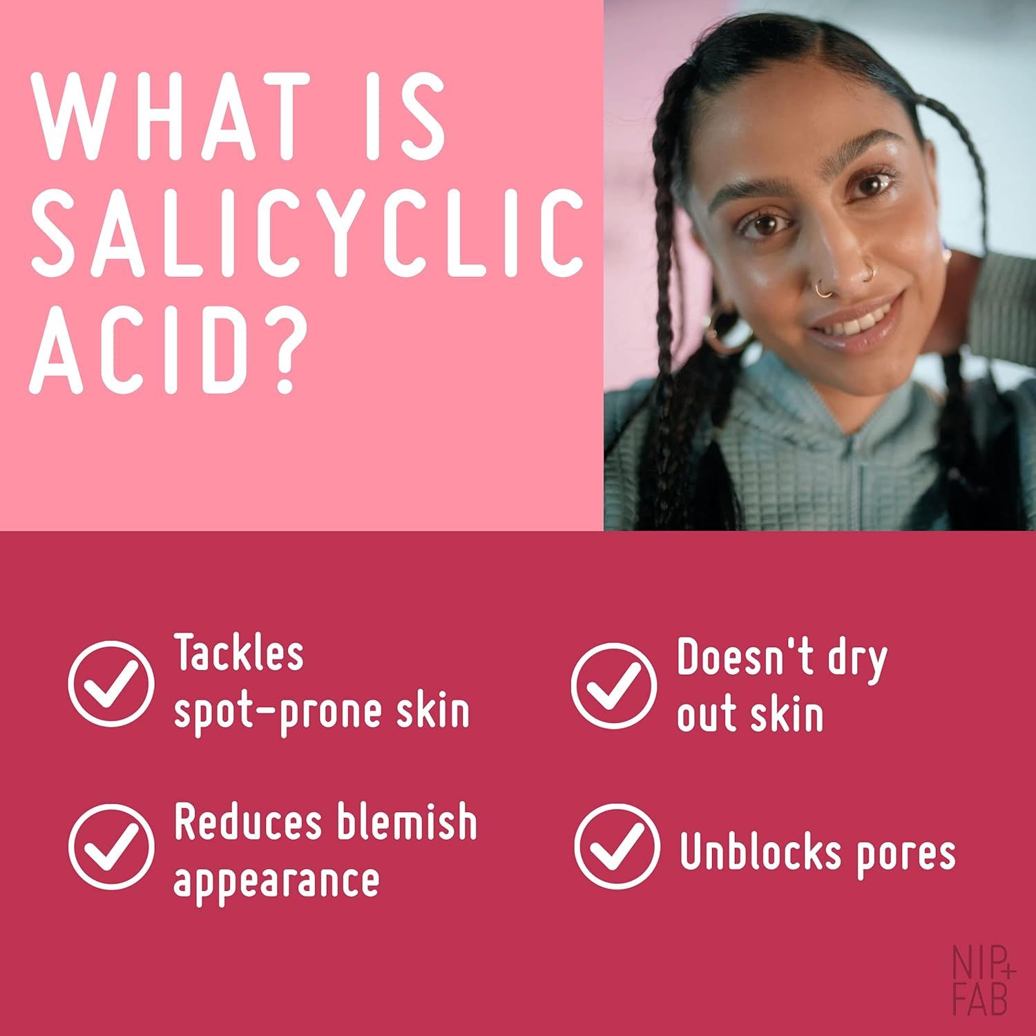 Rosa Hintergrund mit Text: WHAT IS SALICYLIC ACID? Vorteile: Pickel, Haut, Poren.