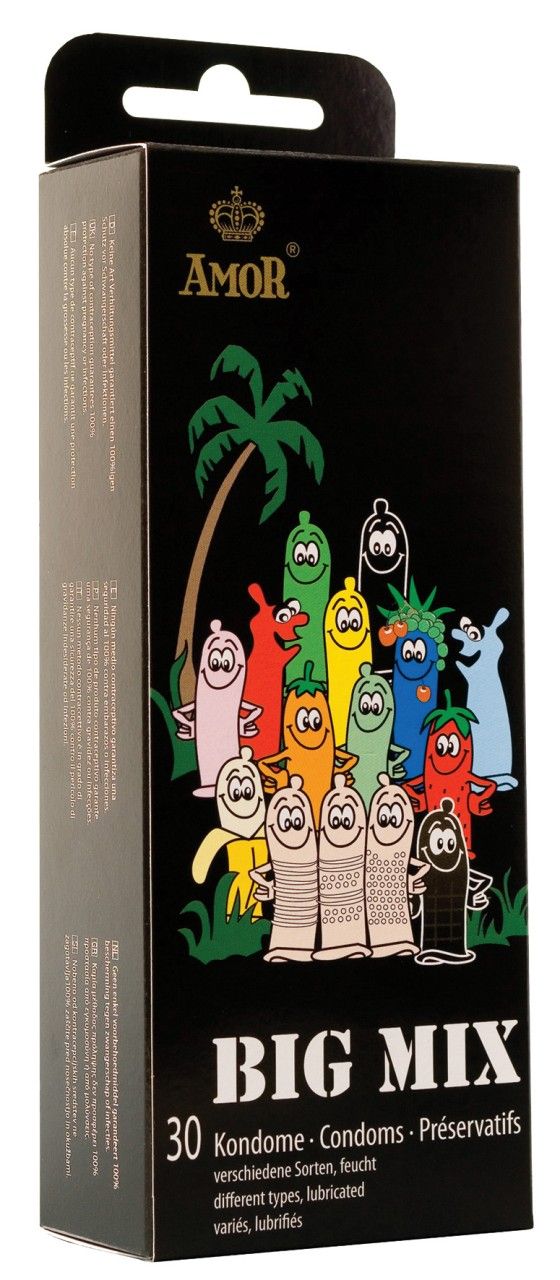 Schwarze Schachtel Amor Big Mix. 30 Kondome, verschiedene Sorten. Illustrationen von bunten Figuren. Marke und Produktname deutlich sichtbar.