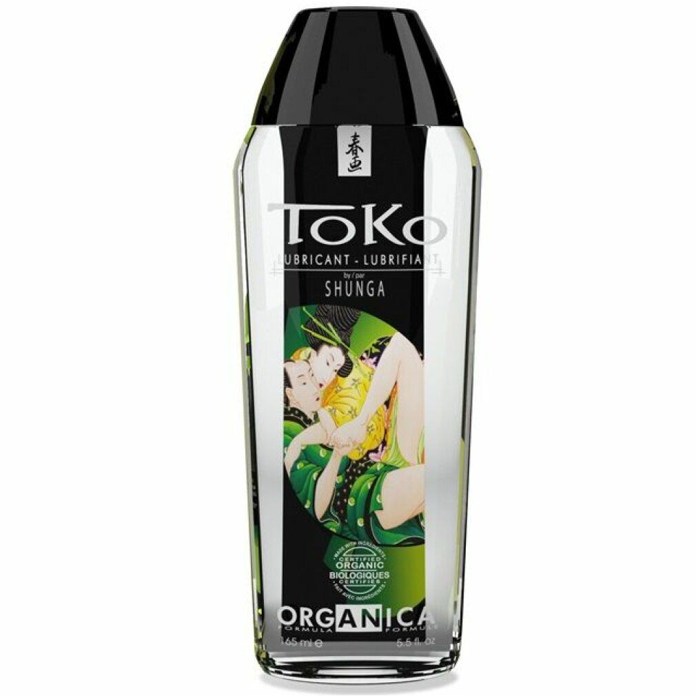 Toko Organica Shunga Gleitmittel in transparenter Flasche mit schwarzem Verschluss. Etikett mit asiatischem Motiv und Produktinformationen.