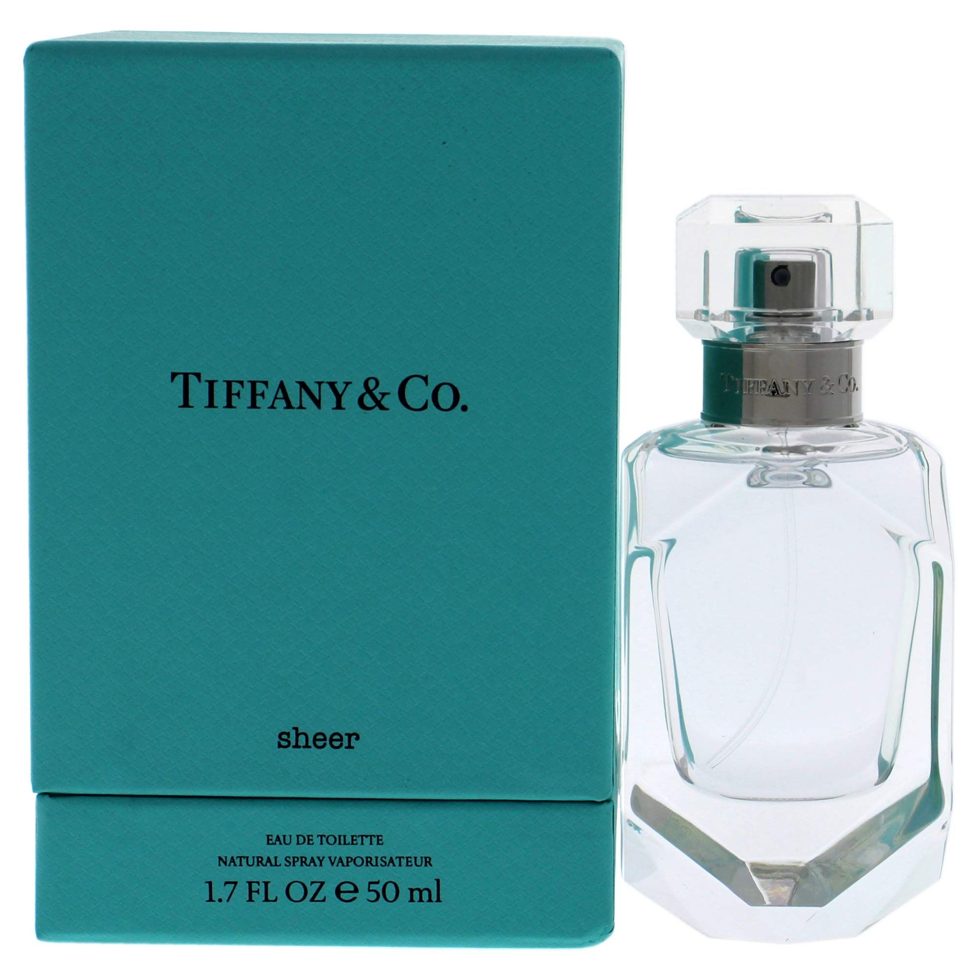 Türkisfarbene Schachtel und transparente Parfumflasche. Auf der Schachtel steht "Tiffany & Co.". Auf der Flasche steht "Sheer".
