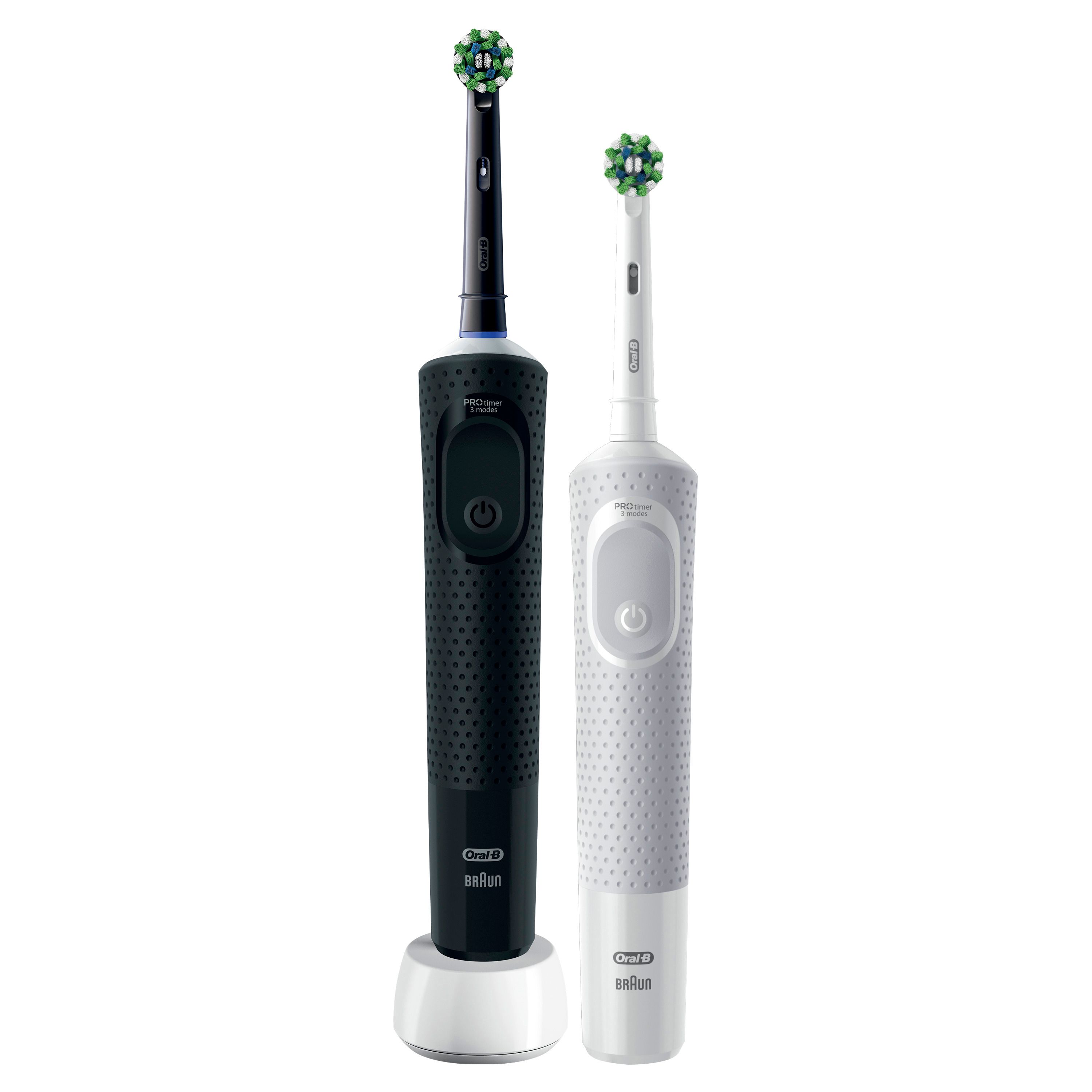 Zwei elektrische Zahnbürsten, schwarz und weiß, mit Ladestation. Marke: Oral-B. Aufsteckbürsten mit grünen Borsten.