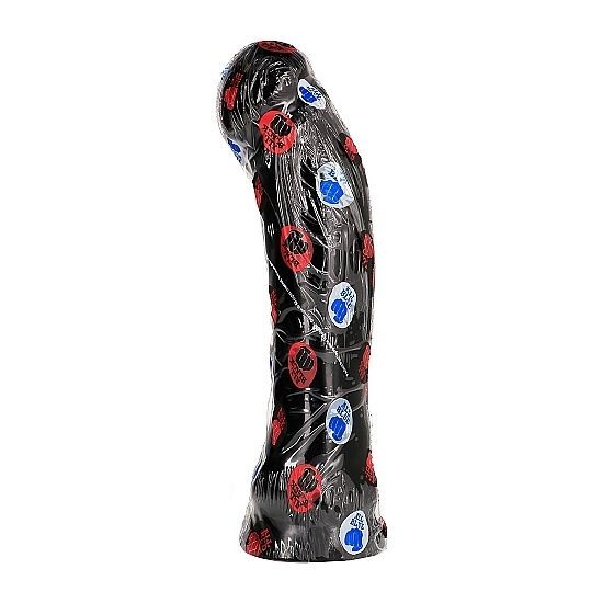 Schwarzer Dildo, in Folie verpackt, mit roten und blauen Aufdrucken. Gebogene Form.