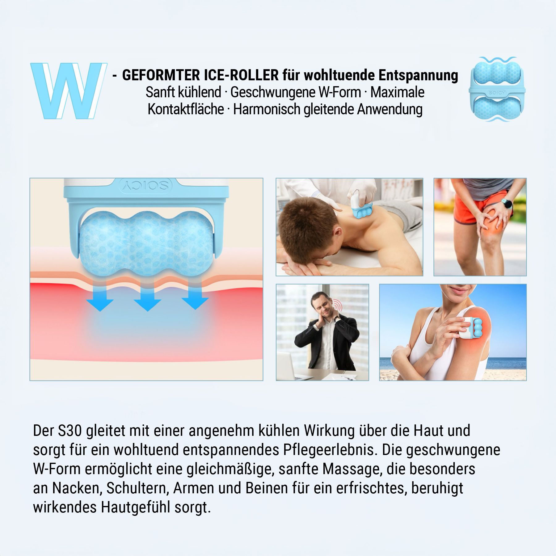 Männer und Frauen verwenden Eisroller. Aufschrift: SOICY. W-förmiger Rollkopf. Körperanwendungen.