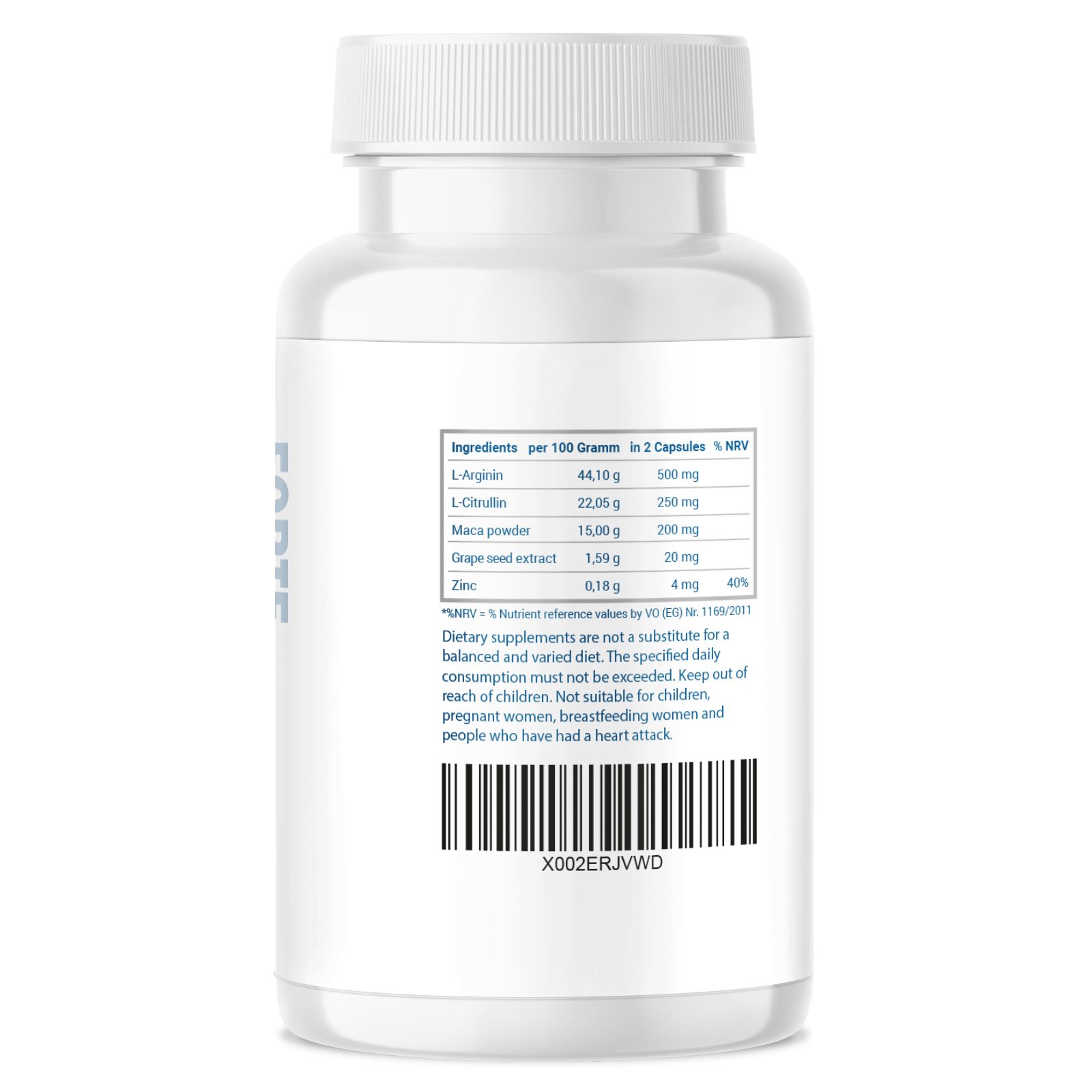 Rückseite einer weißen Kapsel-Flasche mit Inhaltsstofftabelle. Enthält Informationen zu L-Arginin, L-Citrullin, Maca-Pulver, Traubenkernextrakt und Zink.