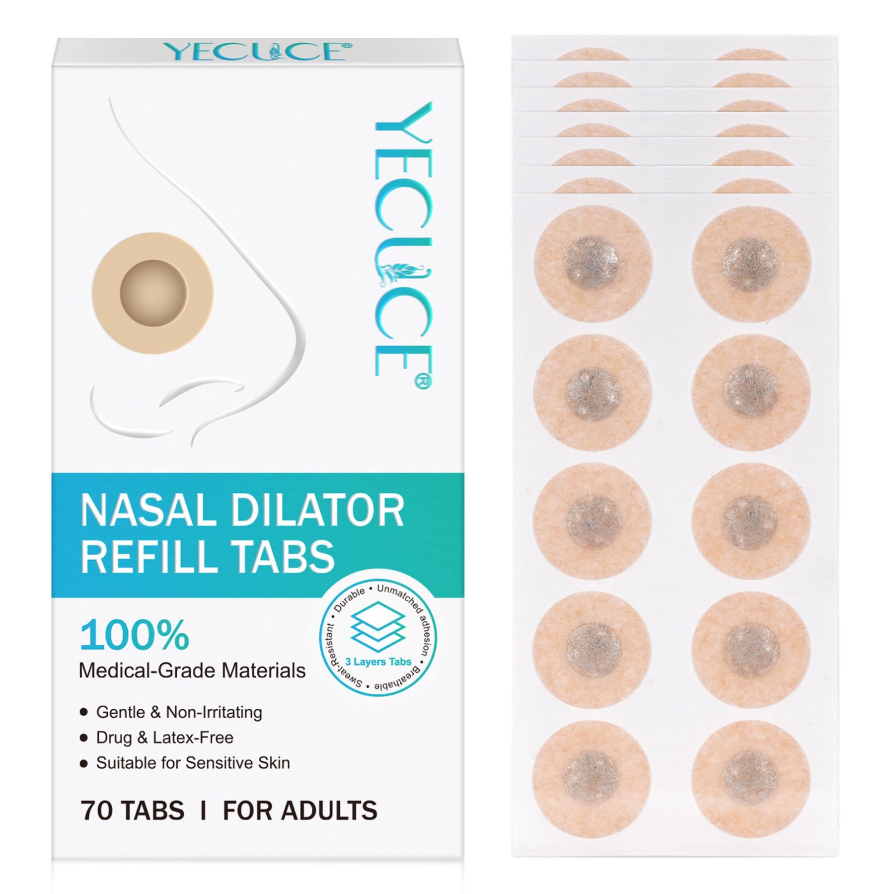 Verpackung mit Nasenpflastern. Aufschrift: Nasal Dilator Refill Tabs. 70 Tabs für Erwachsene. Medizinische Materialien.