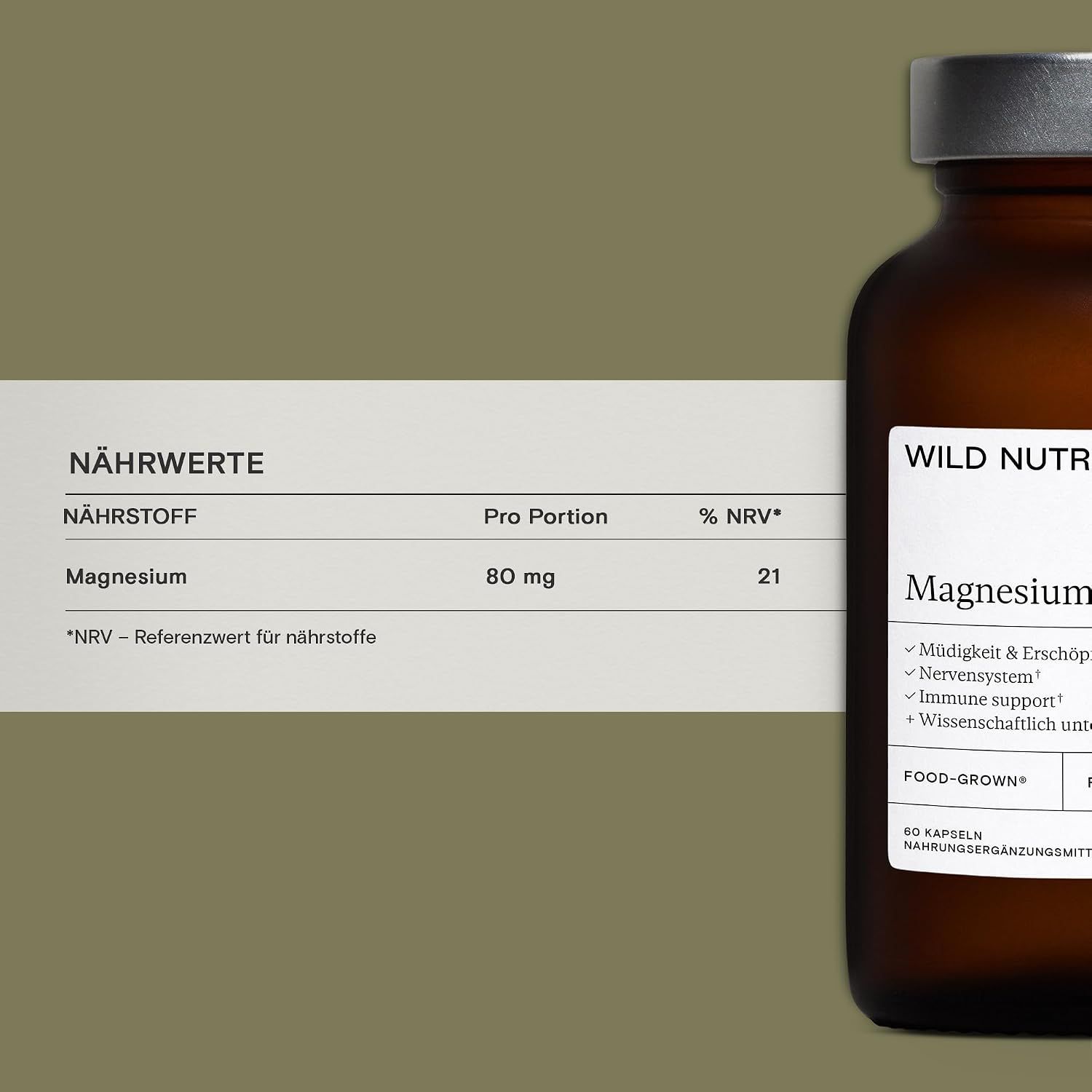 Braune Glasflasche mit Wild Nutrition Magnesium Kapseln. Enthält 60 Kapseln.