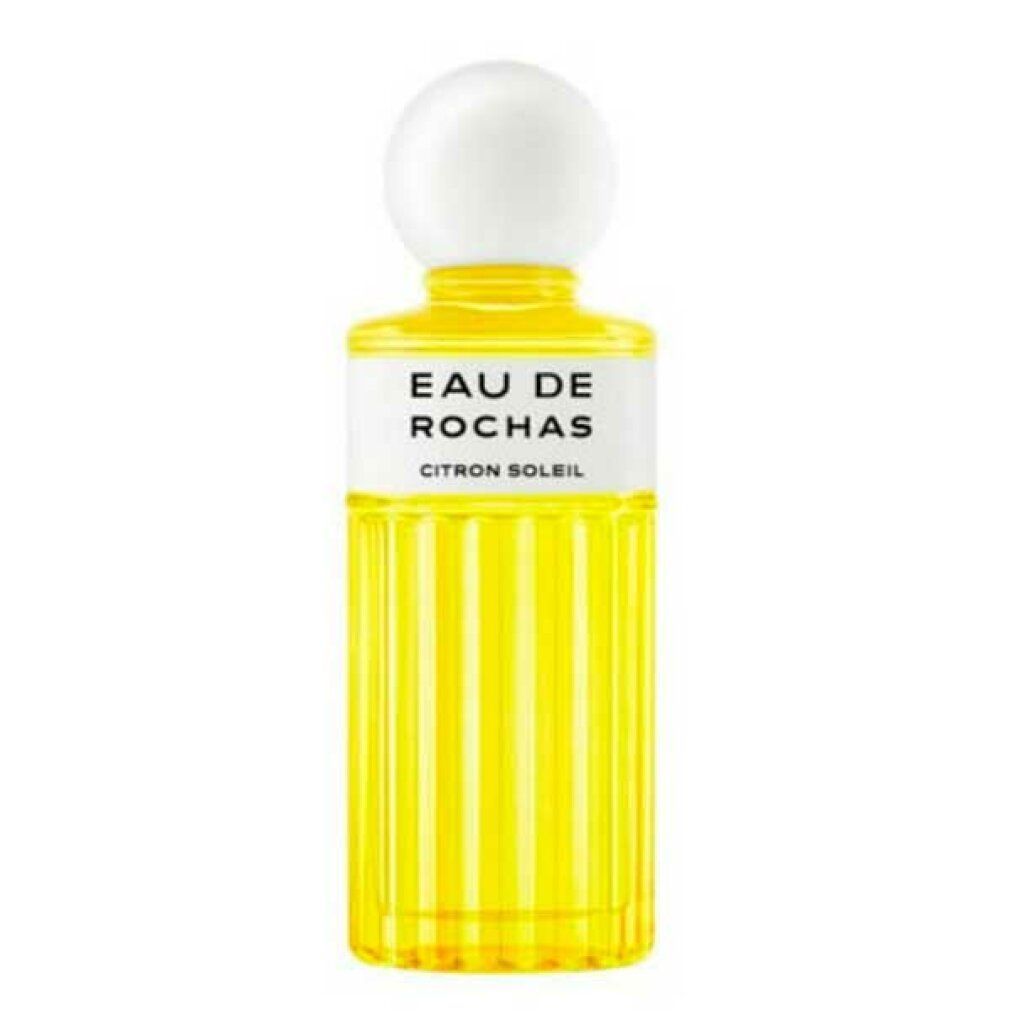 Gelbes Eau de Toilette Spray. Aufschrift: Eau de Rochas Citron Soleil. Flakon mit weißem Deckel. Geriffelte Oberfläche.