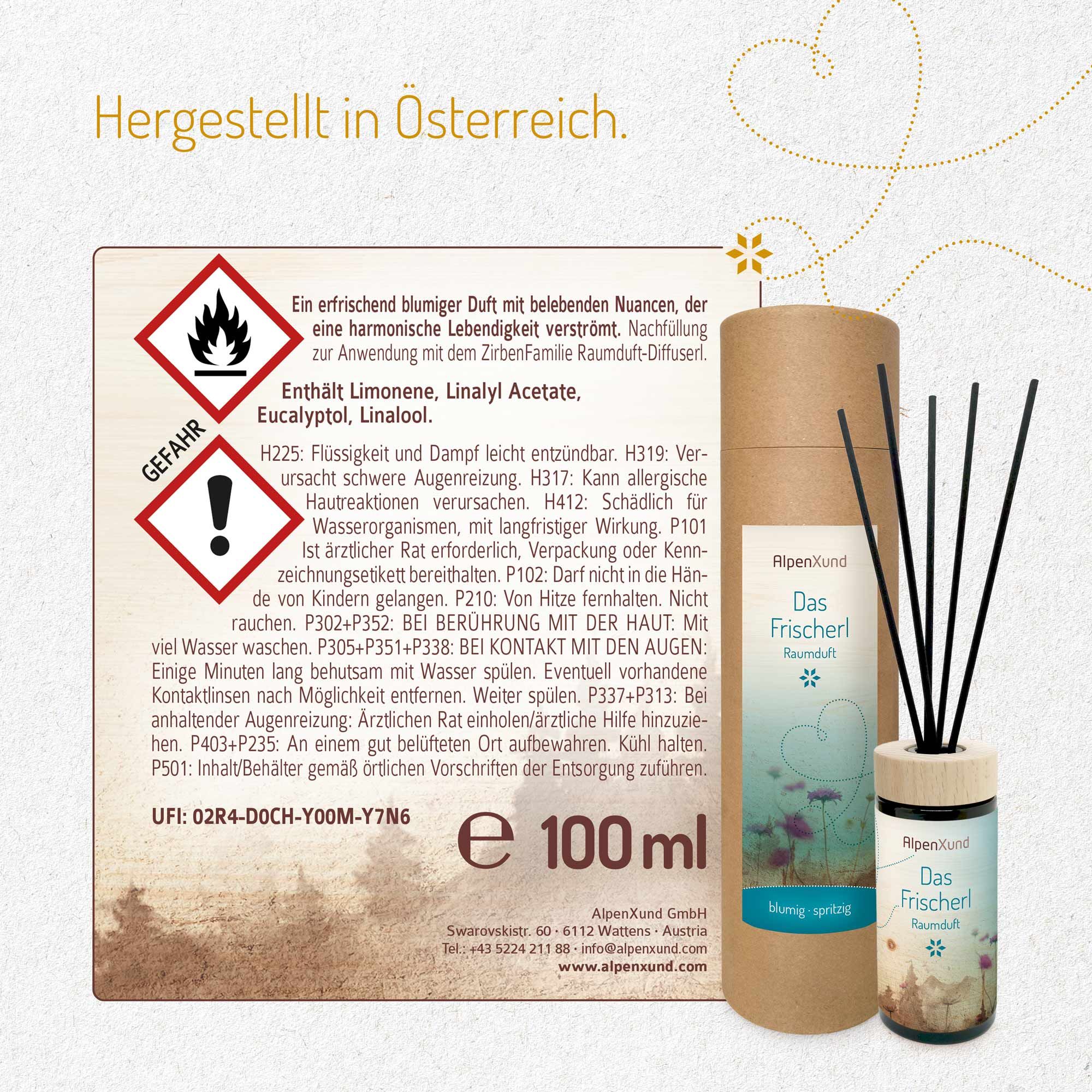 Produkt mit Verpackung und Warnhinweisen. Flasche mit Stäbchen. Text und Gefahrensymbole aufgedruckt.