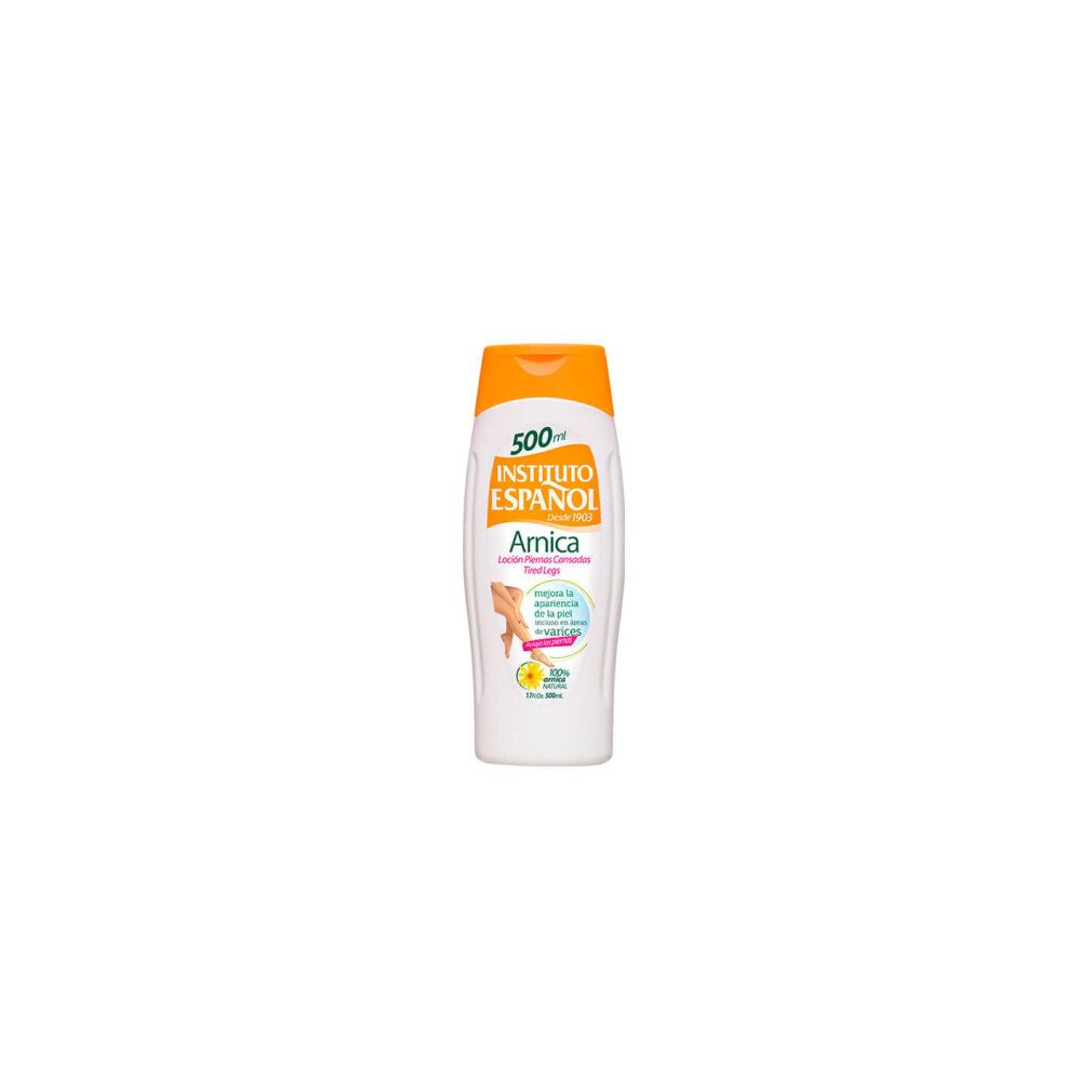 Flasche mit gelbem Deckel. Aufschrift: Instituto Español Arnica, Lotion für müde Beine. Enthält 100% natürliches Arnika.
