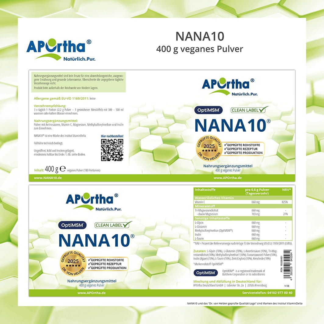 Produktetikett von NANA10® Pulver. Enthält Informationen zu Inhaltsstoffen, Nährwerten, Dosierung und Hersteller. Mit QR-Code.