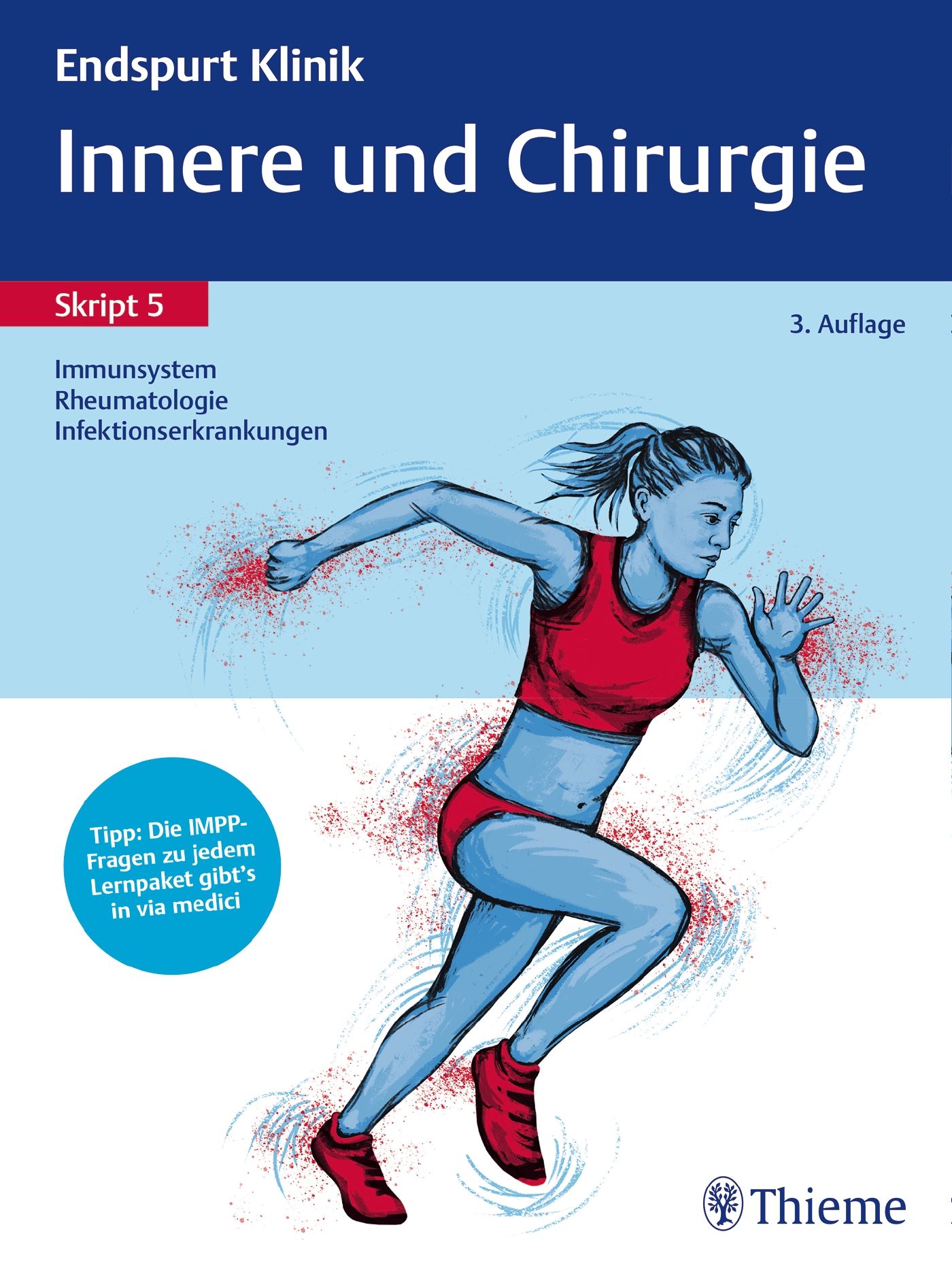 Buchcover: Endspurt Klinik Skript 5: Innere und Chirurgie. Titel, Untertitel, Abbildung einer laufenden Frau. Verlag Thieme.