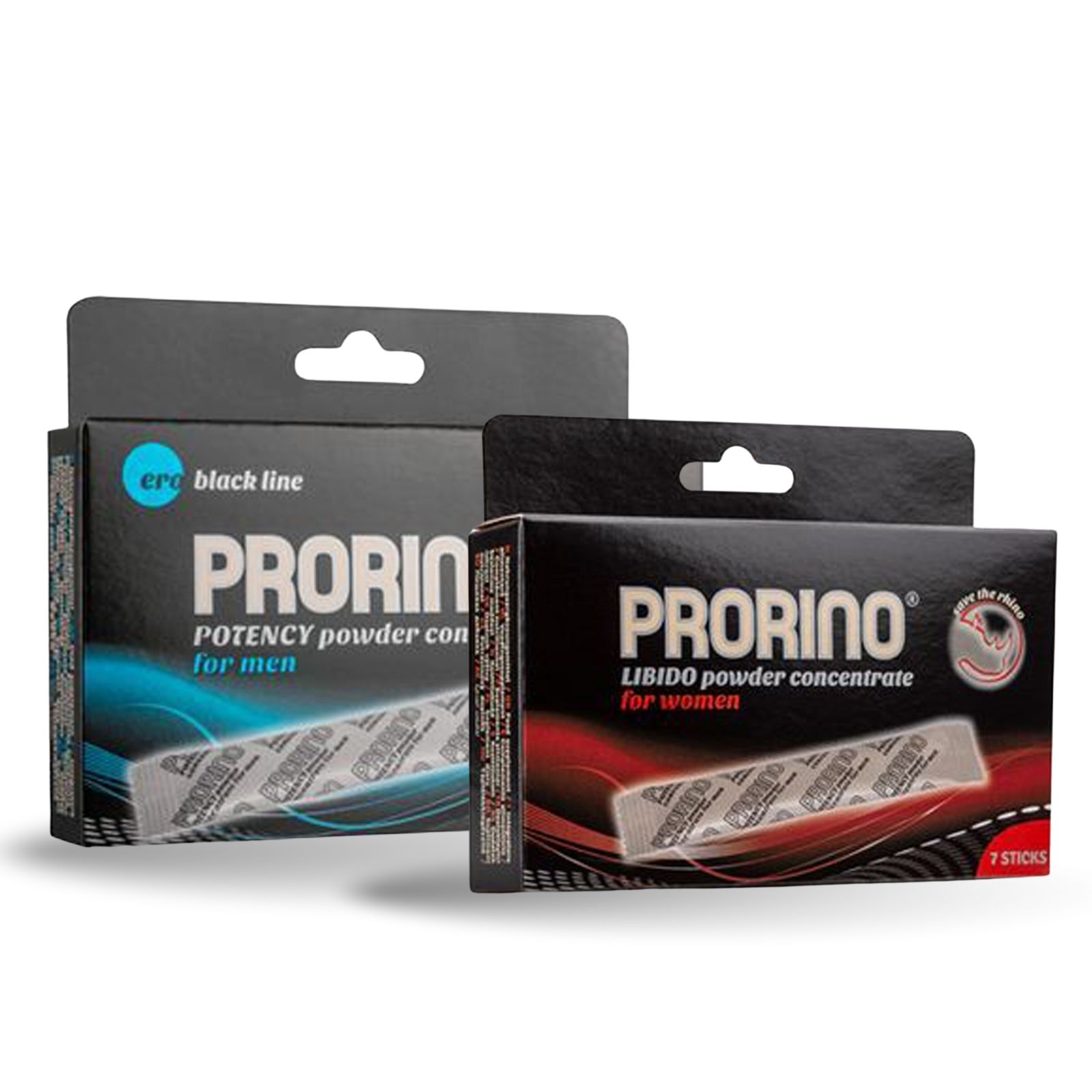 Drei Schachteln Prorino. Zwei mit der Aufschrift "Potency powder concentrate for men". Eine mit "Libido powder concentrate for women".