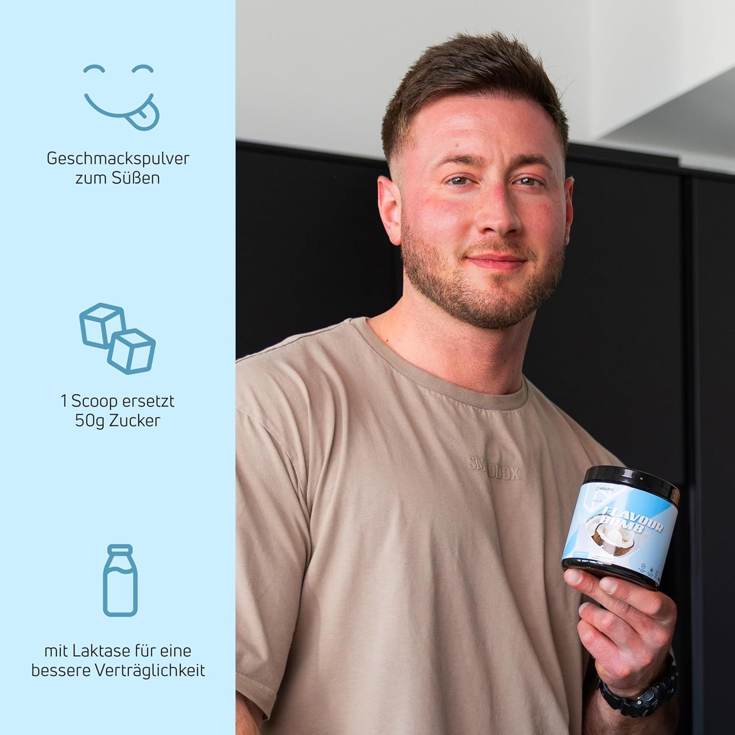 Mann hält Dose mit Produkt. Text: Geschmackspulver zum Süßen, 1 Scoop ersetzt 50g Zucker, mit Laktase für bessere Verträglichkeit.