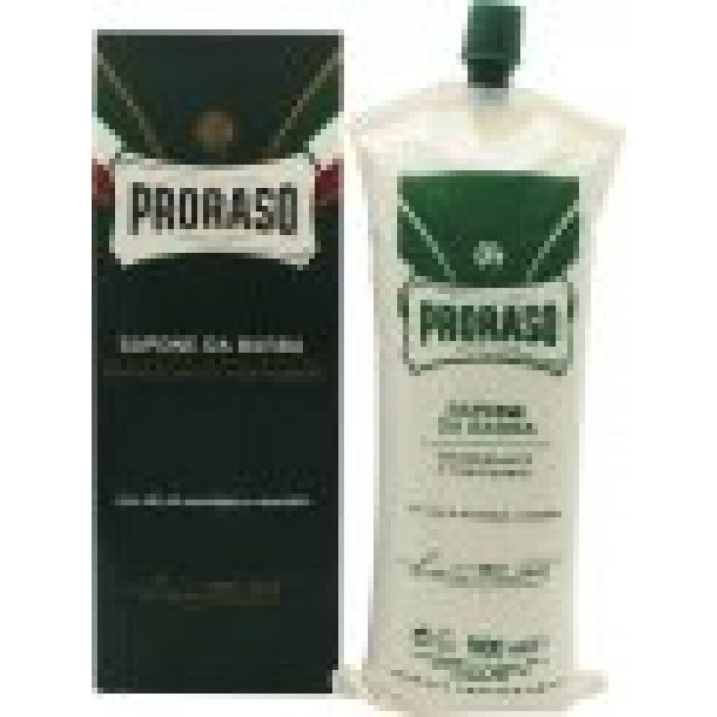 Proraso Rasierschaum-Verpackung und -Beutel. Grün-weißes Design, italienische Flagge. Text: Saponeda Barba, 500 ml.
