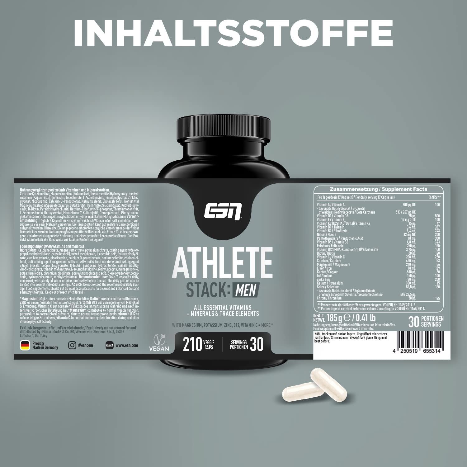 ESN Athlete Stack Men, Flasche mit geöffnetem Etikett, Kapseln daneben. Text: Inhaltsstoffe, 30 Portionen, vegan.