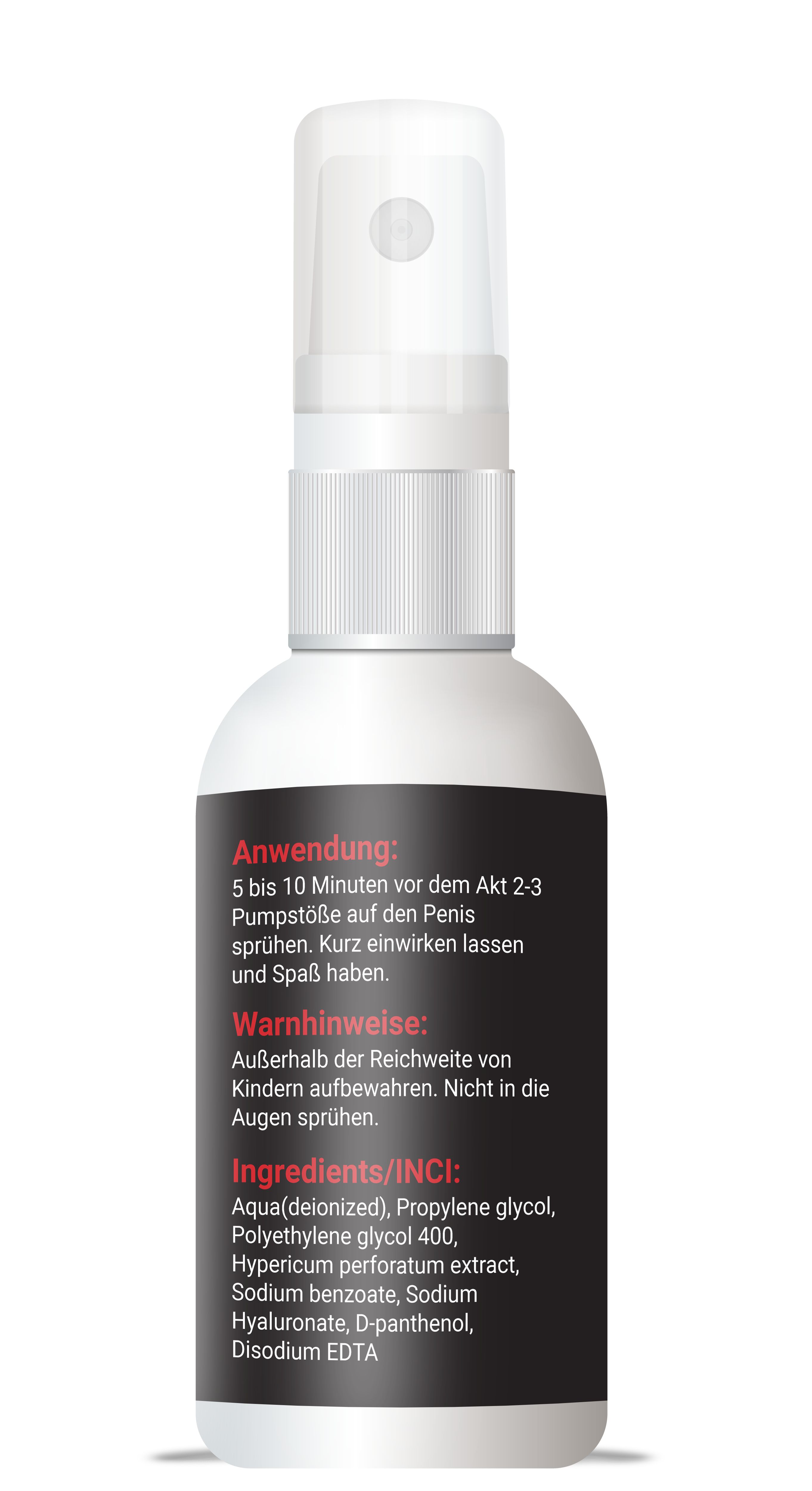 Rückseite der Flasche. Schwarzes Etikett mit Anwendungshinweisen, Warnhinweisen und Inhaltsstoffen. Text in deutscher Sprache.