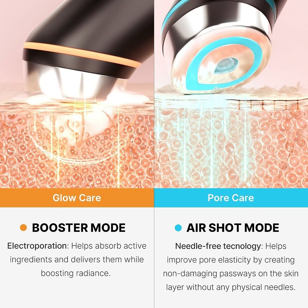 Zwei Ansichten der Beauty-Wand. Text: Glow Care, Booster Mode. Pore Care, Air Shot Mode.