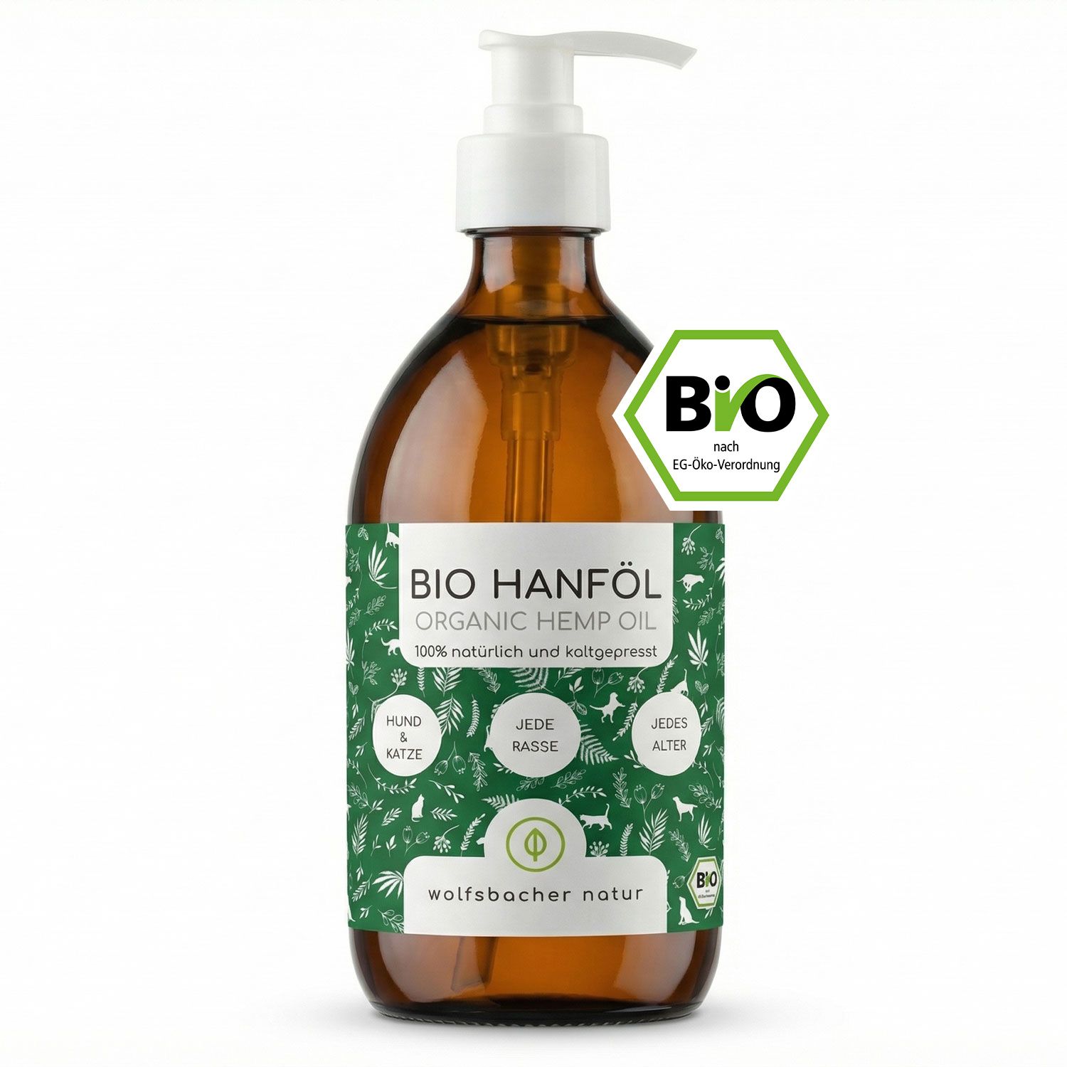 Braune Glasflasche mit Pumpe. Etikett mit "BIO HANFÖL", "100% natürlich" und "EG-Öko-Verordnung"-Siegel. Grün-weißes Design.