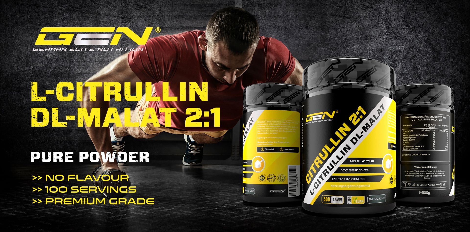 Drei Dosen mit gelbem Etikett. Aufschrift: L-CITRULLIN DL-MALAT 2:1. Pure Powder. 100 Portionen. Premium Grade. Mann trainiert im Hintergrund.