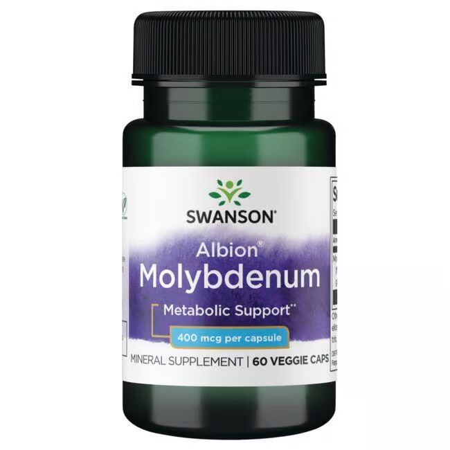Grüne Flasche mit schwarzem Deckel. Etikett mit "SWANSON Albion Molybdän", 400 mcg pro Kapsel. 60 Veggie Caps.