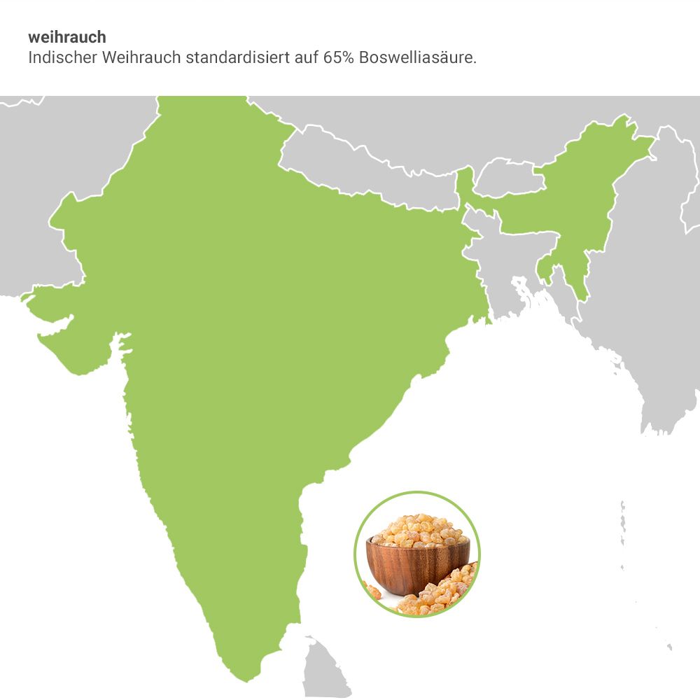 Karte von Indien mit grün markierten Bereichen. Text: Weihrauch. Indischer Weihrauch standardisiert auf 65% Boswelliasäure. Bild: Schale mit Harz.