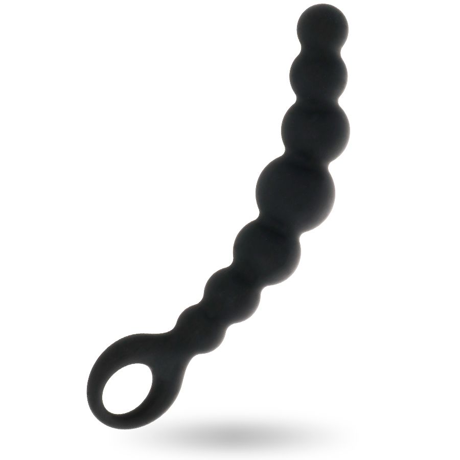 Verpackung und schwarzer Analperlen-Stab mit 7 Kugeln. Marke: Intense.