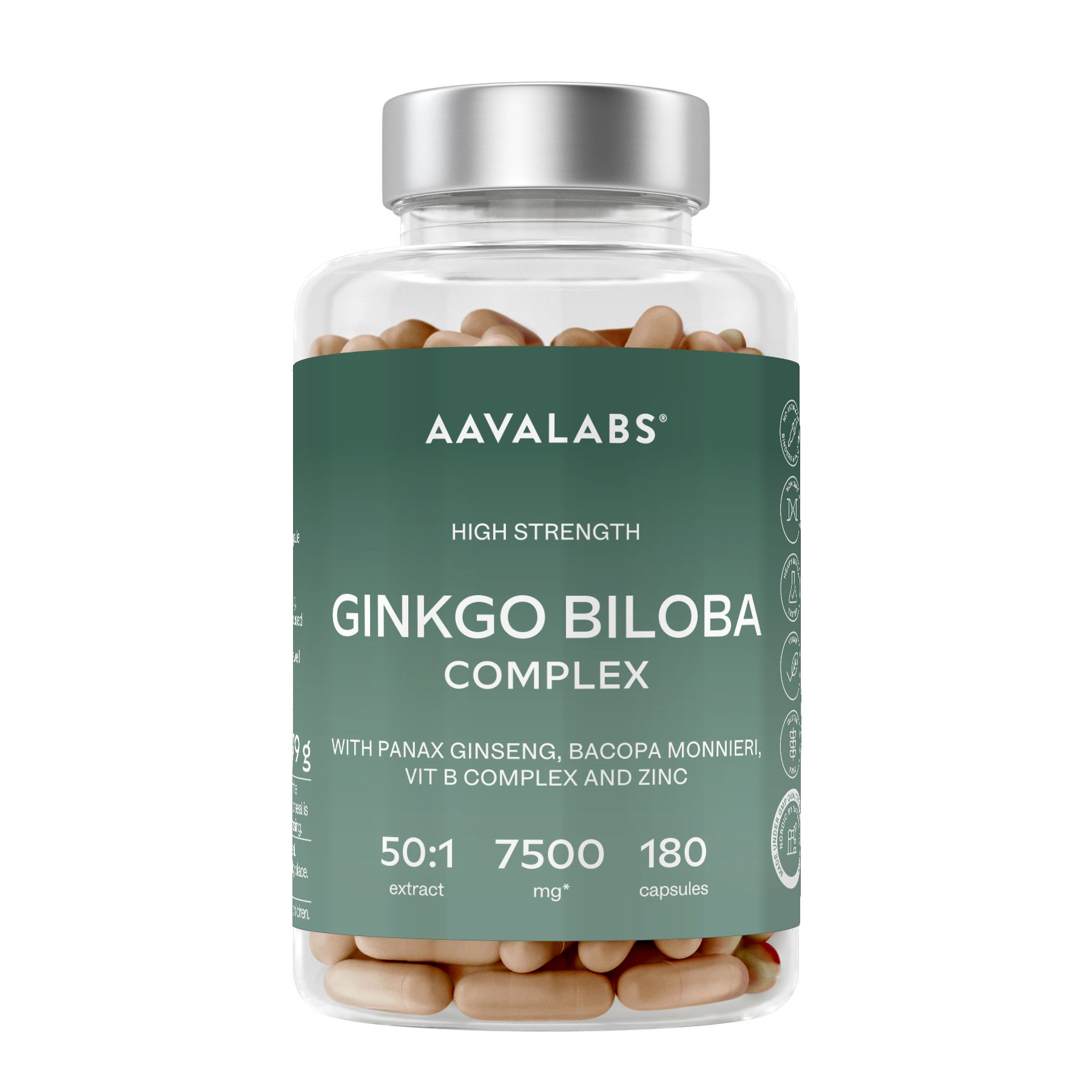 Klare Flasche mit Kapseln. Aufschrift: Aavalabs Ginkgo Biloba Complex. Enthält Bacopa, Ginseng & Vitamin B. 180 Kapseln.